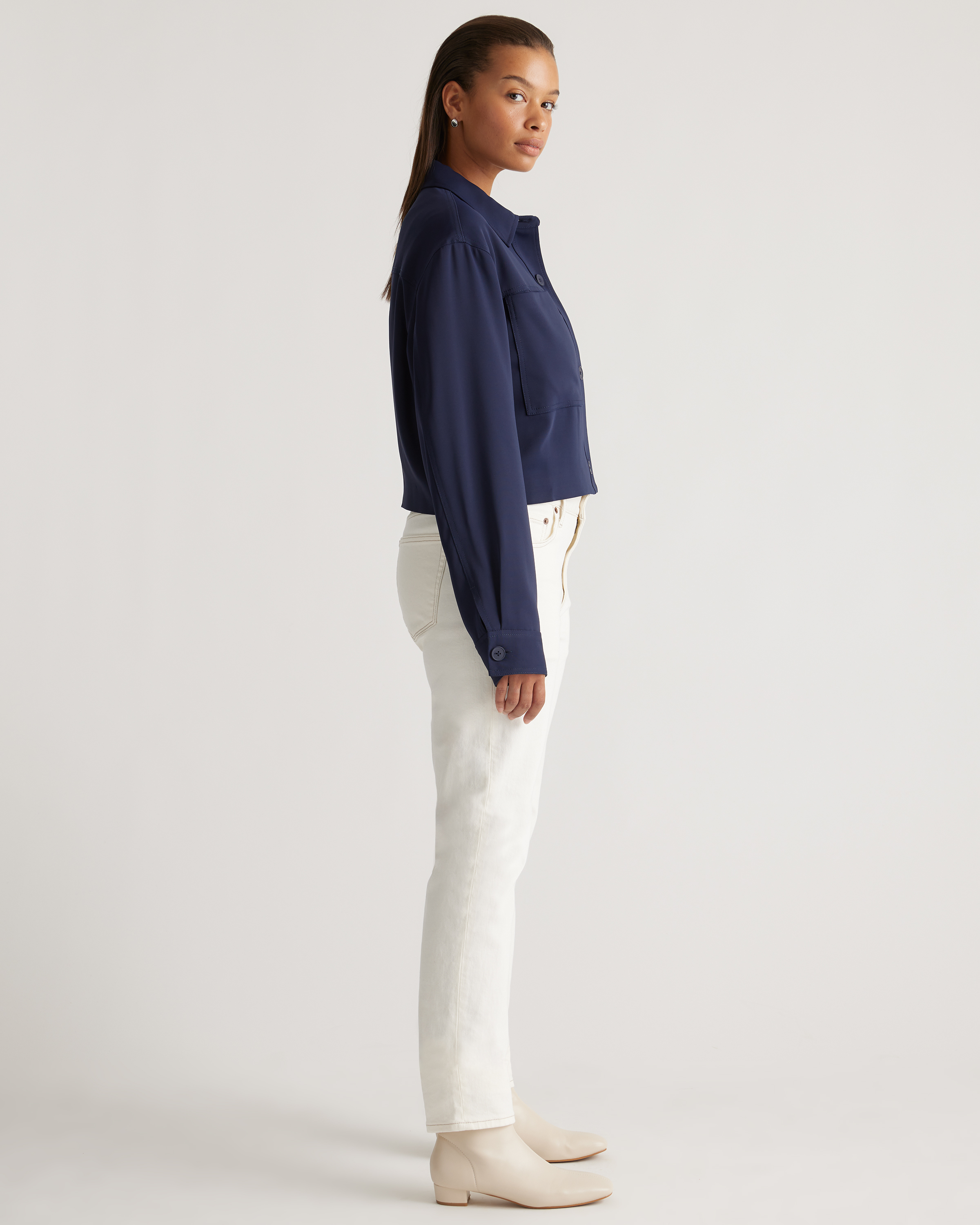 Stretch Crepe Cropped Jacket in Navy