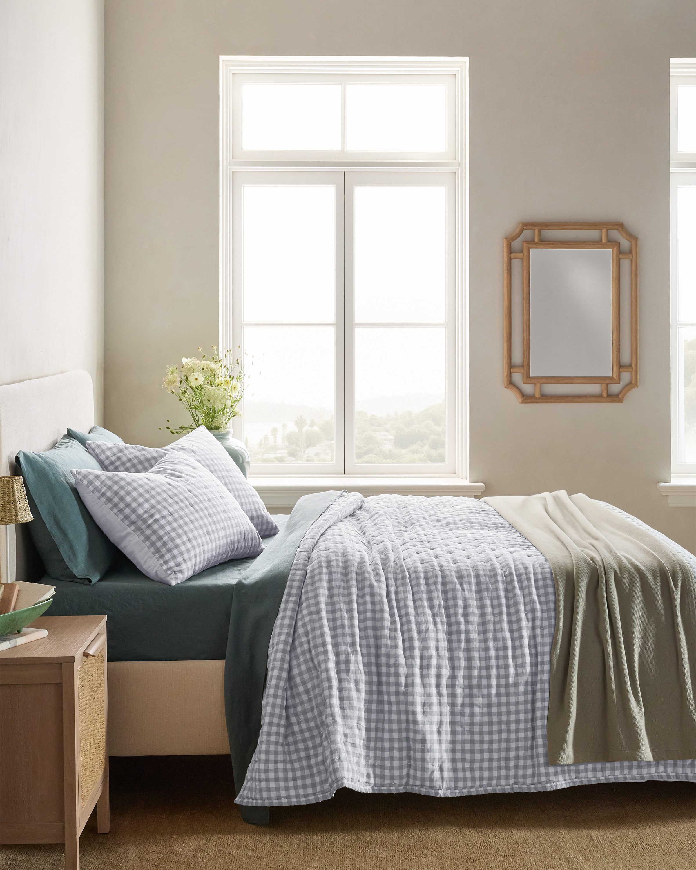 Light Blue Gingham European Linen Patterned Quilt