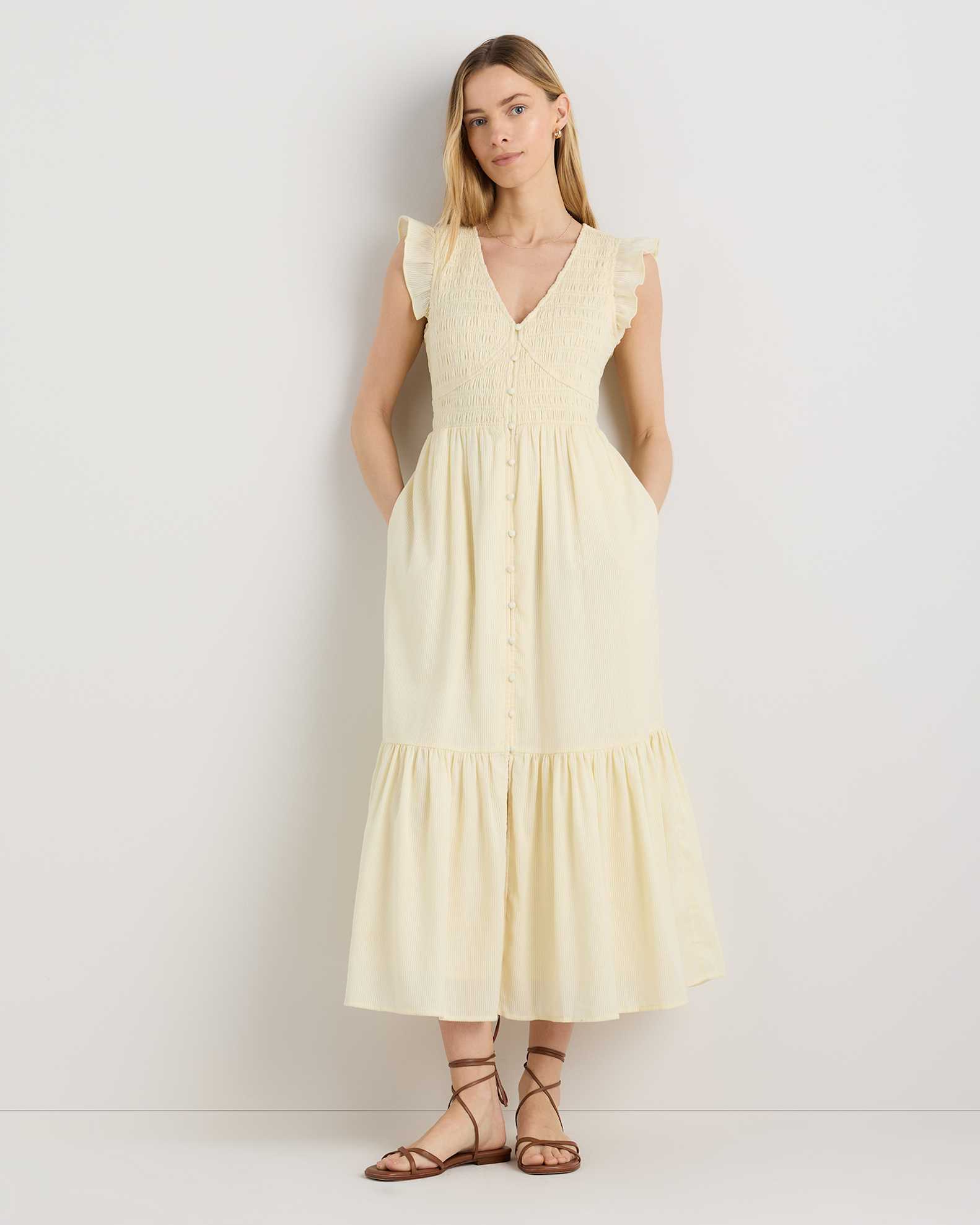 Organic Textured Cotton Smocked V-neck Midi Dress Organic Textured Cotton Smocked V-neck Midi Dress
