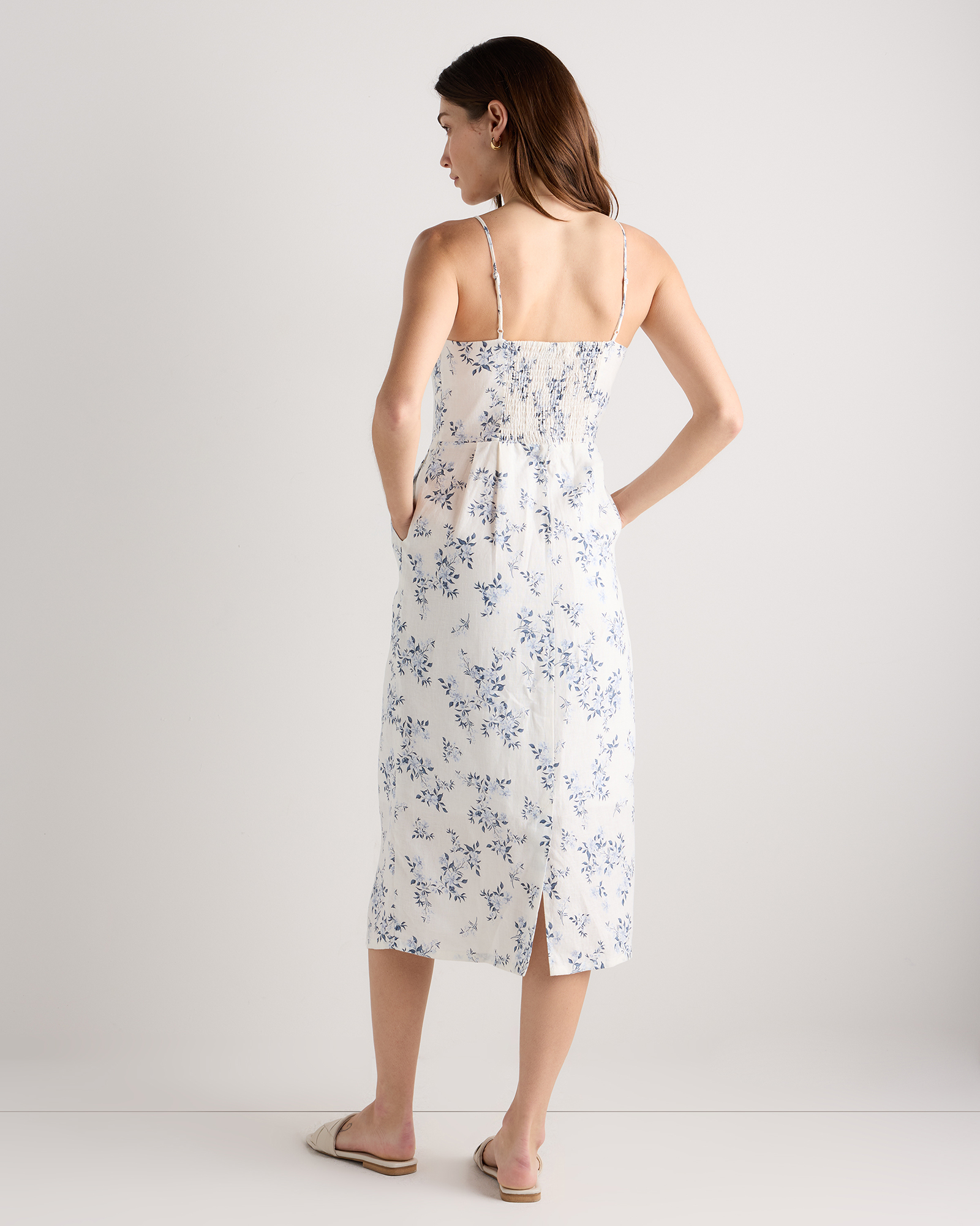 quince linen midi dress 100% European Linen Scoop Neck Midi Dress in Ivory Porcelain Blue Petite  Floral
