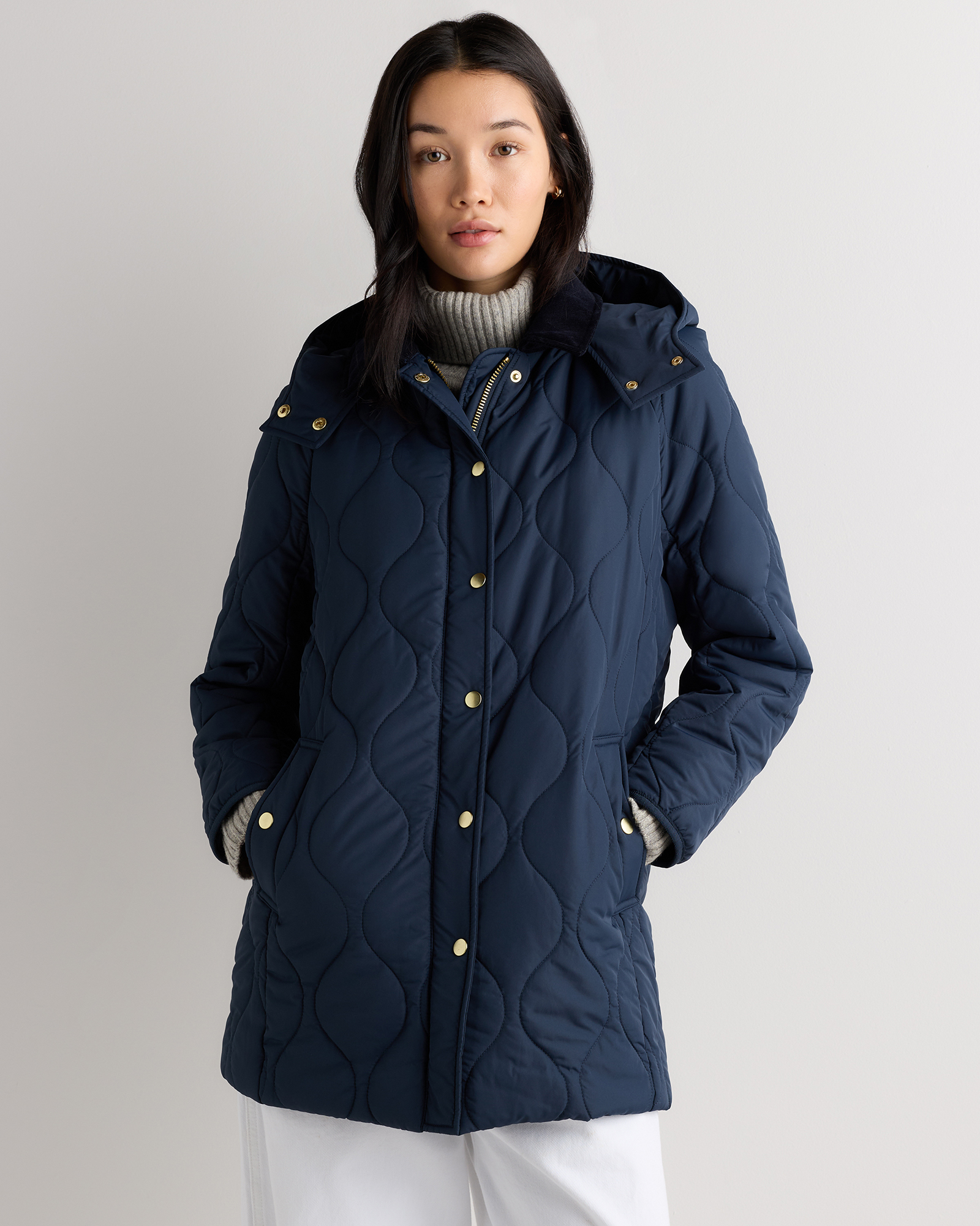 Atlas Navy Blouson matelassé long sans plumes à capuche
