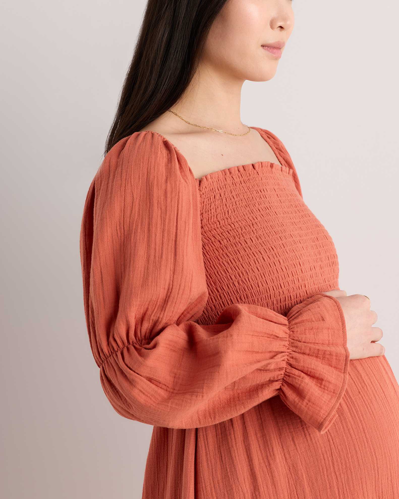Women's Gauze Maternity Smocked Midi Dress in Spiced Orange, Size Medium, Organic Cotton by Quince Women's Gauze Maternity Smocked Midi Dress in Spiced Orange, Size Medium, Organic Cotton by Quince
