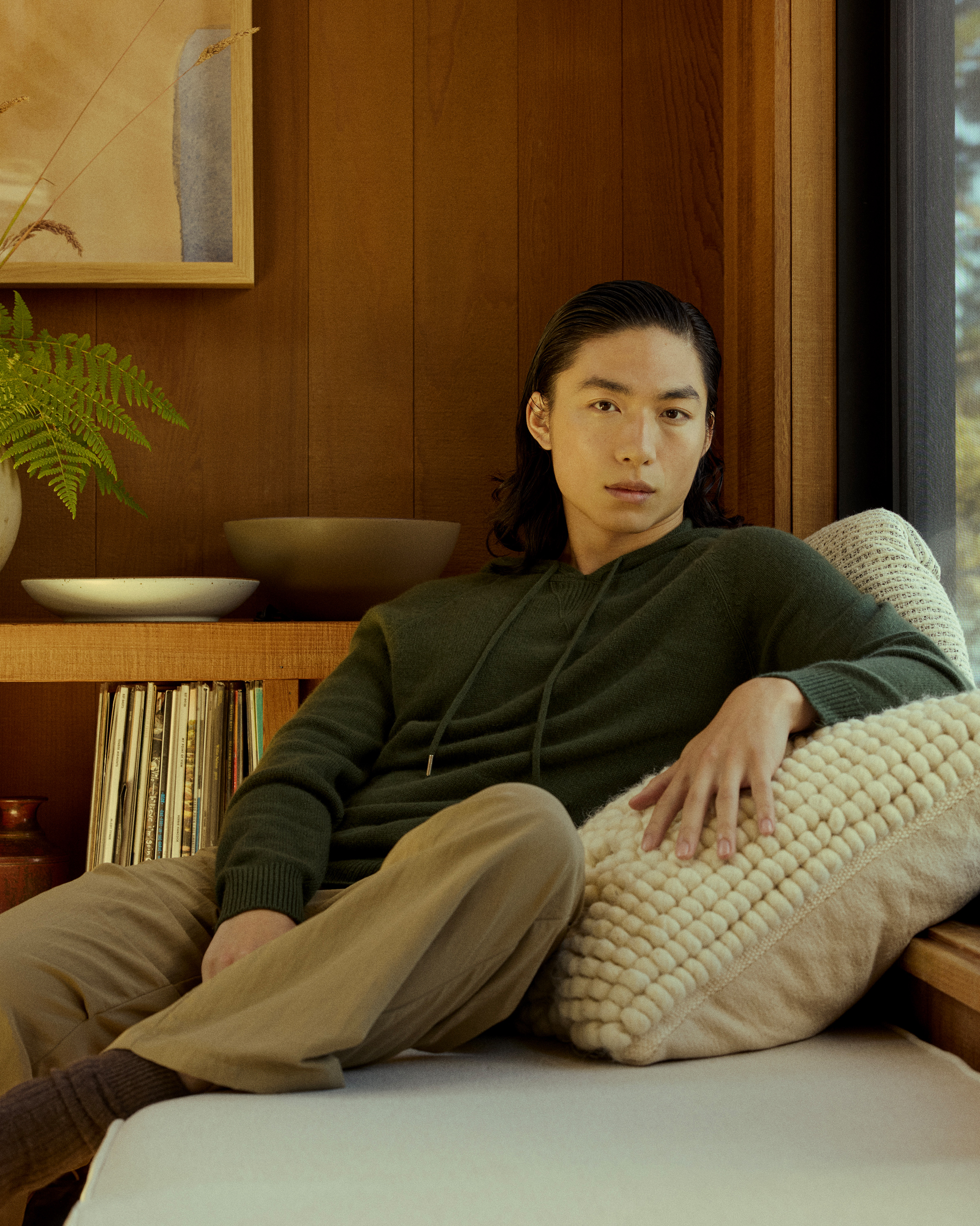 Mongolian Cashmere Pullover Hoodie in Moss