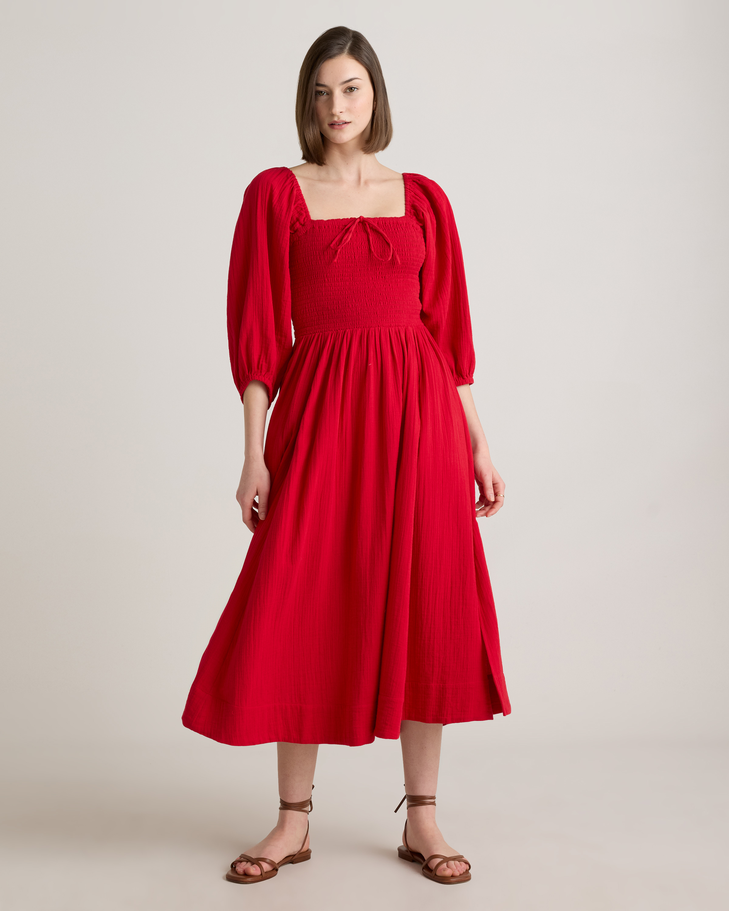 Wild Cherry 100% Organic Cotton Gauze Smocked Square Neck Midi Dress