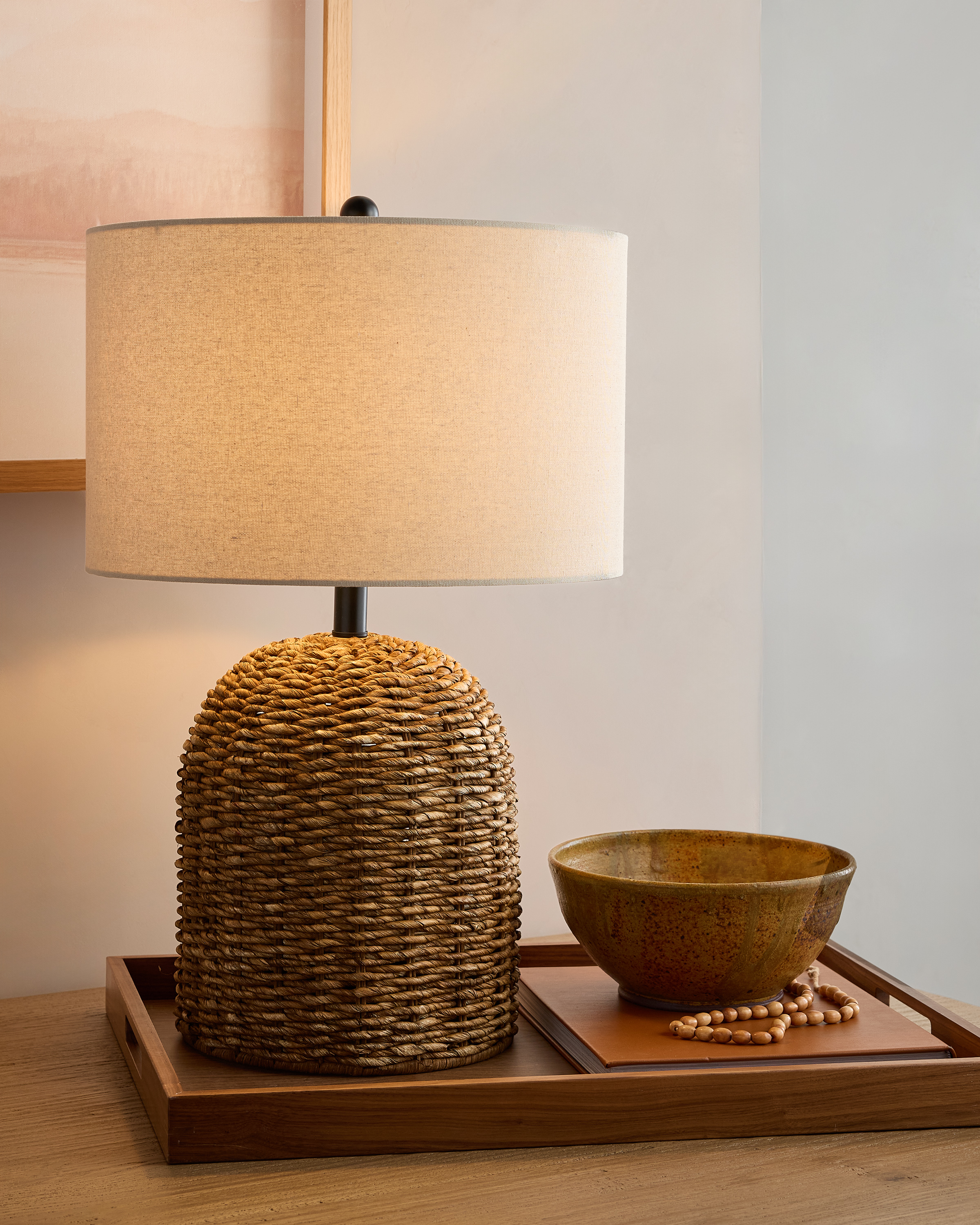Rattan Table Lamp with Linen Shade - thumbnail 2