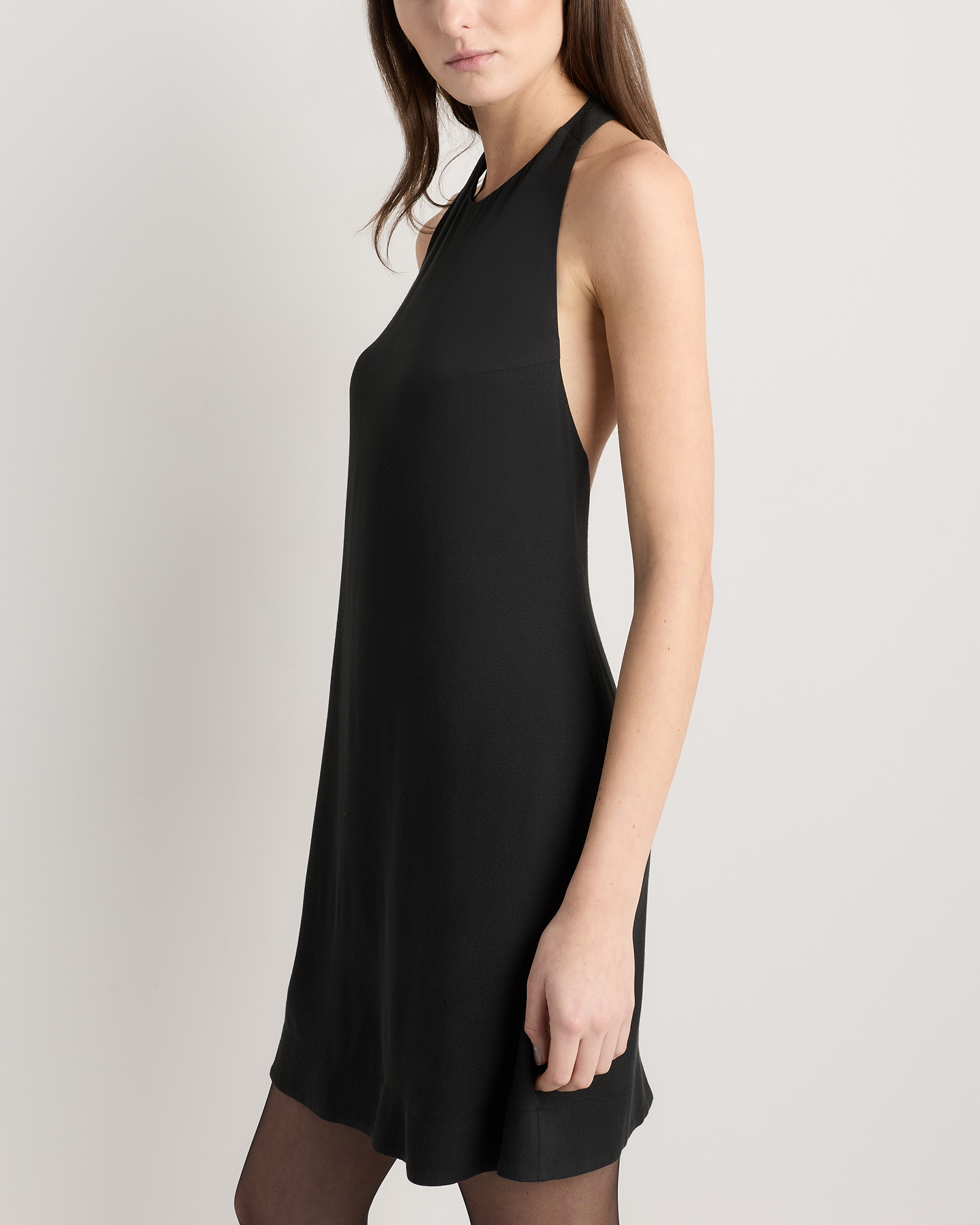 Lightweight Crepe Halter Mini Dress in True Black