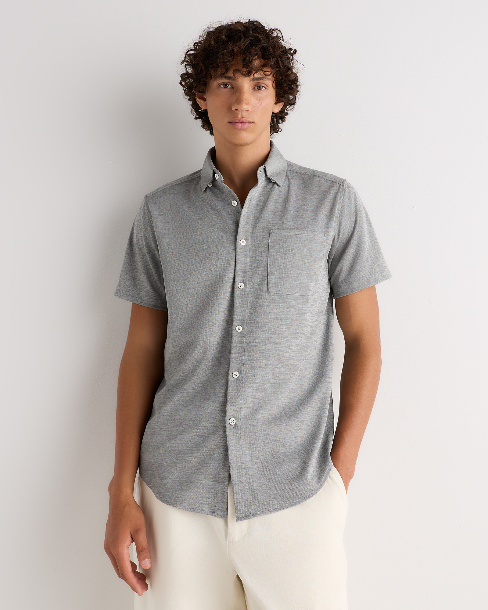 Heather Grey Commuter Stretch Pique Short Sleeve Button Down