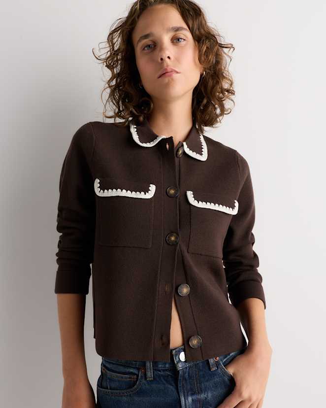 Coffee Bean Brown Australian Merino Wool Crochet Trim Sweater Jacket