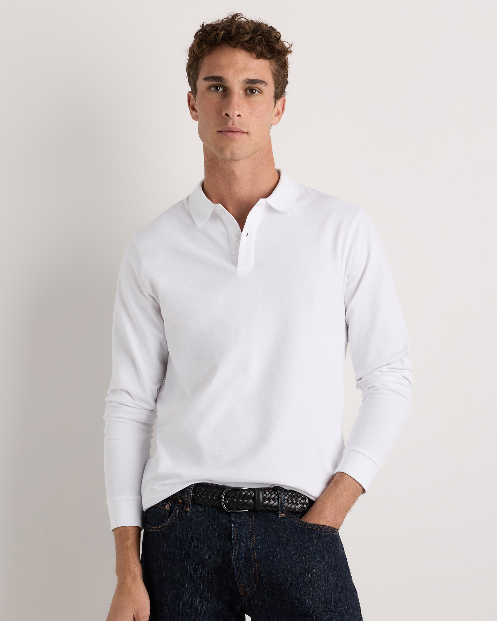 White Organic Cotton Long Sleeve Pique Polo