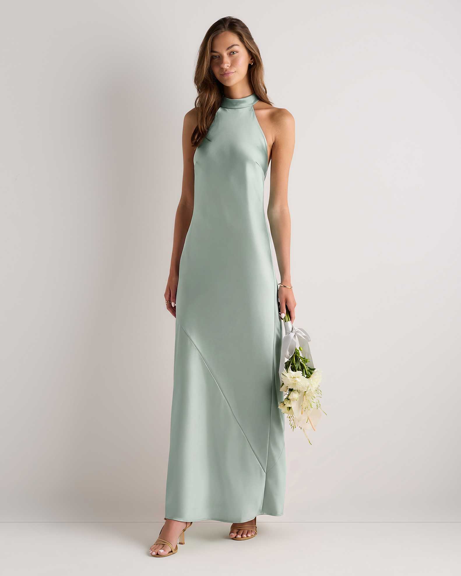 sage green satin formal dress Sage Green Satin Halter Neck Dress With Lace-Up Back