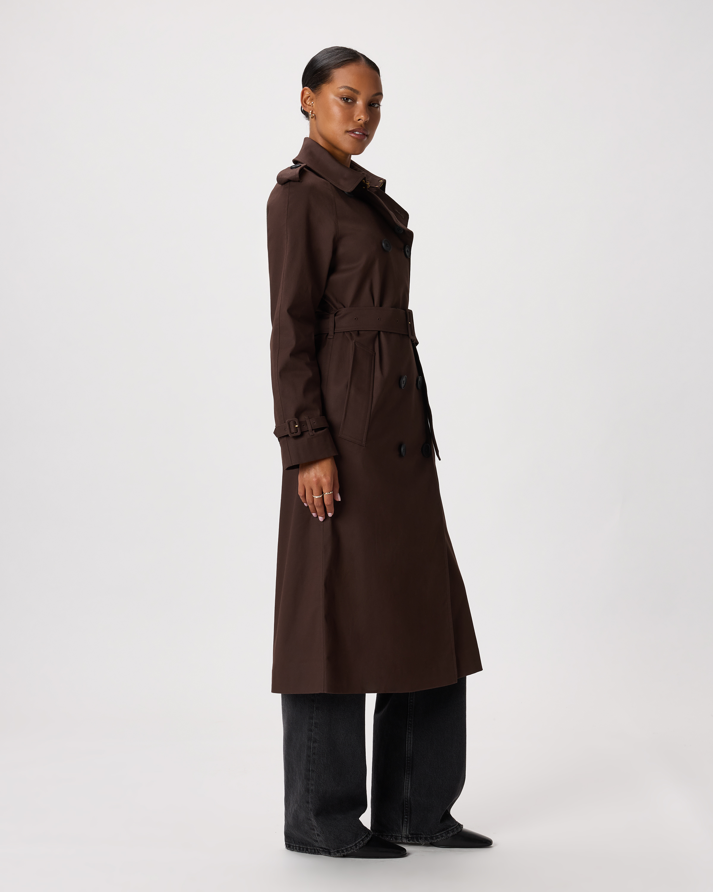 Comfort Stretch Long Trench Coat in Coffee Bean Brown