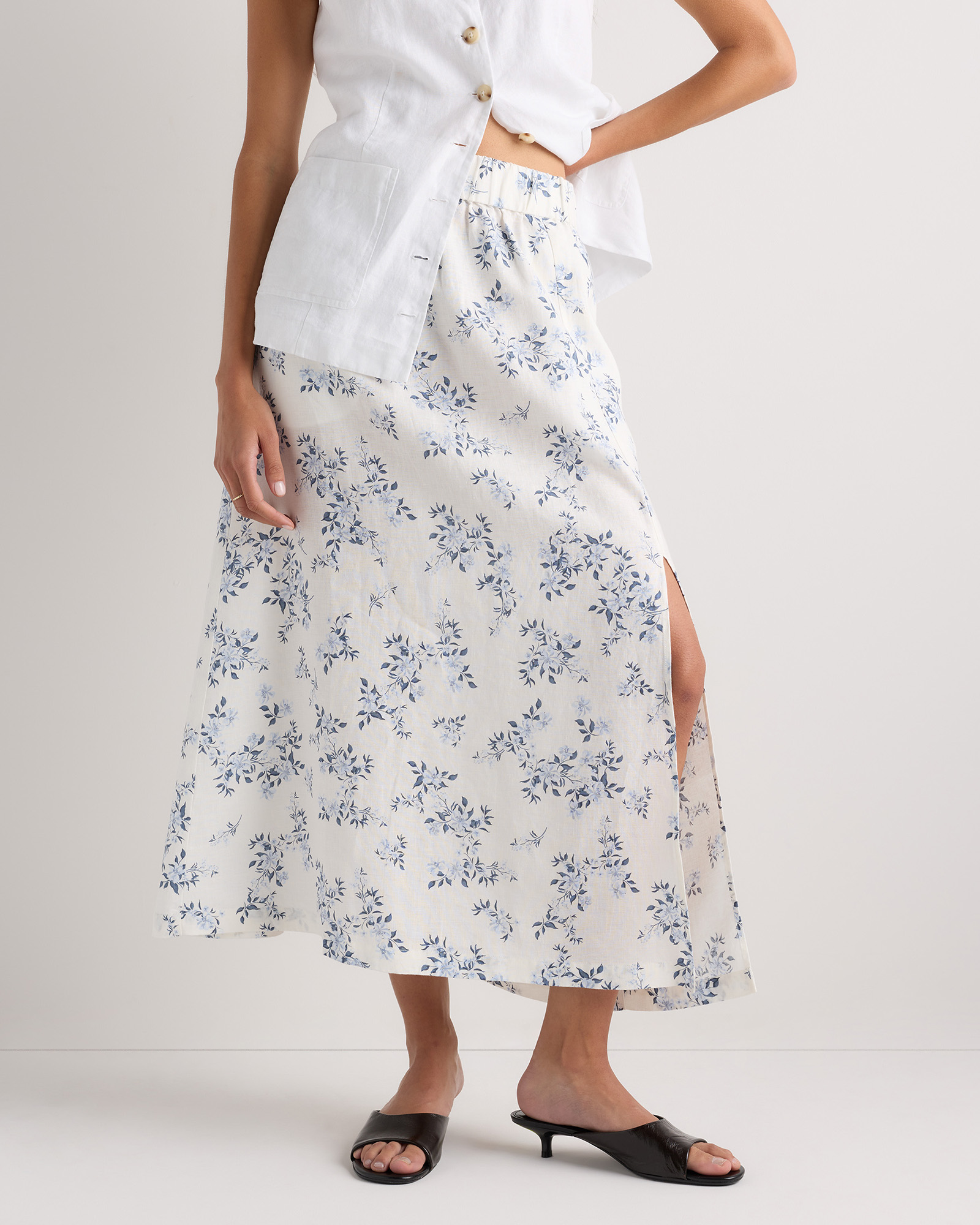 Ivory Porcelain Blue Petite Floral 100% European Linen Maxi Skirt