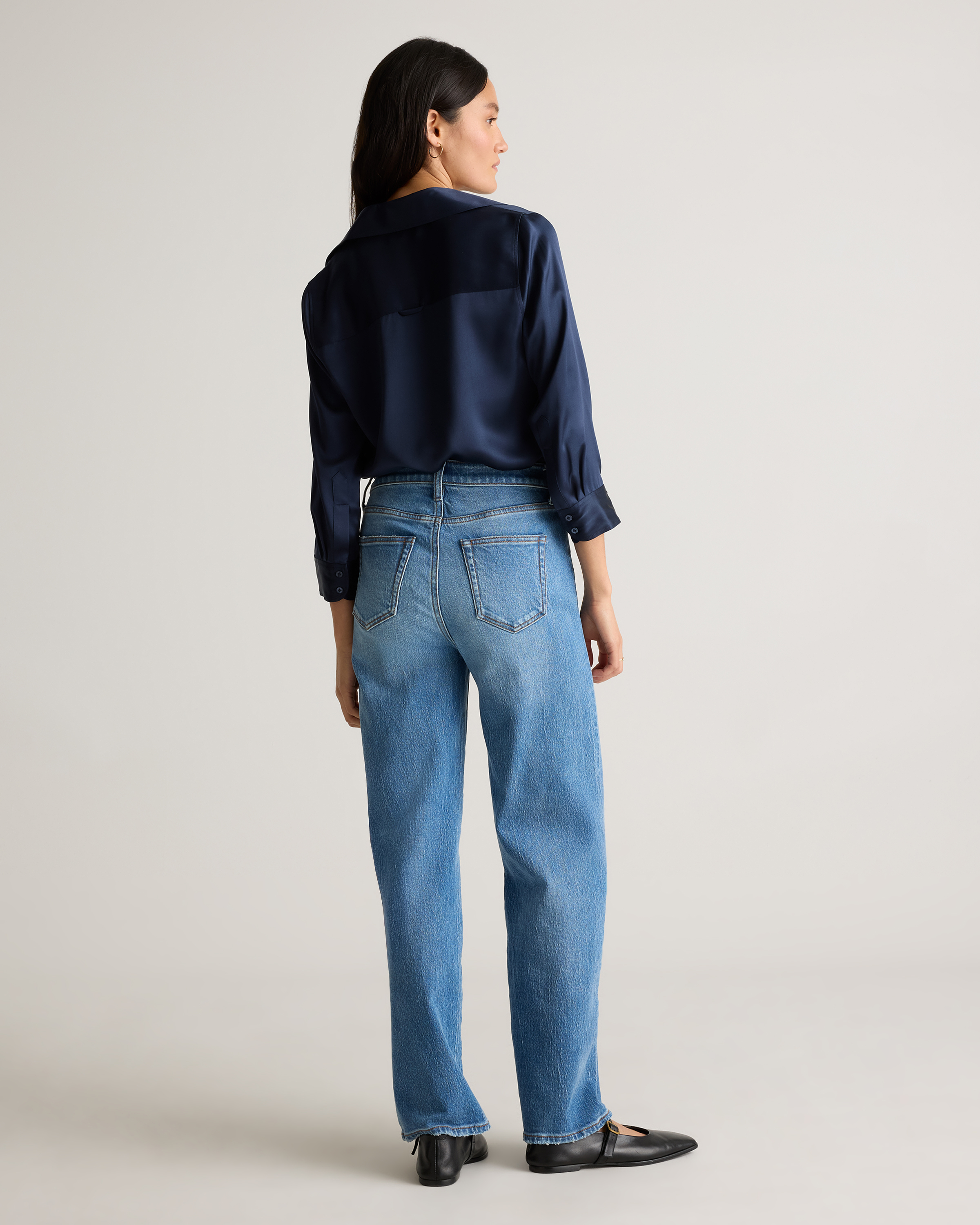 100% Washable Silk Three-Quarter Sleeve Shirt in Navy