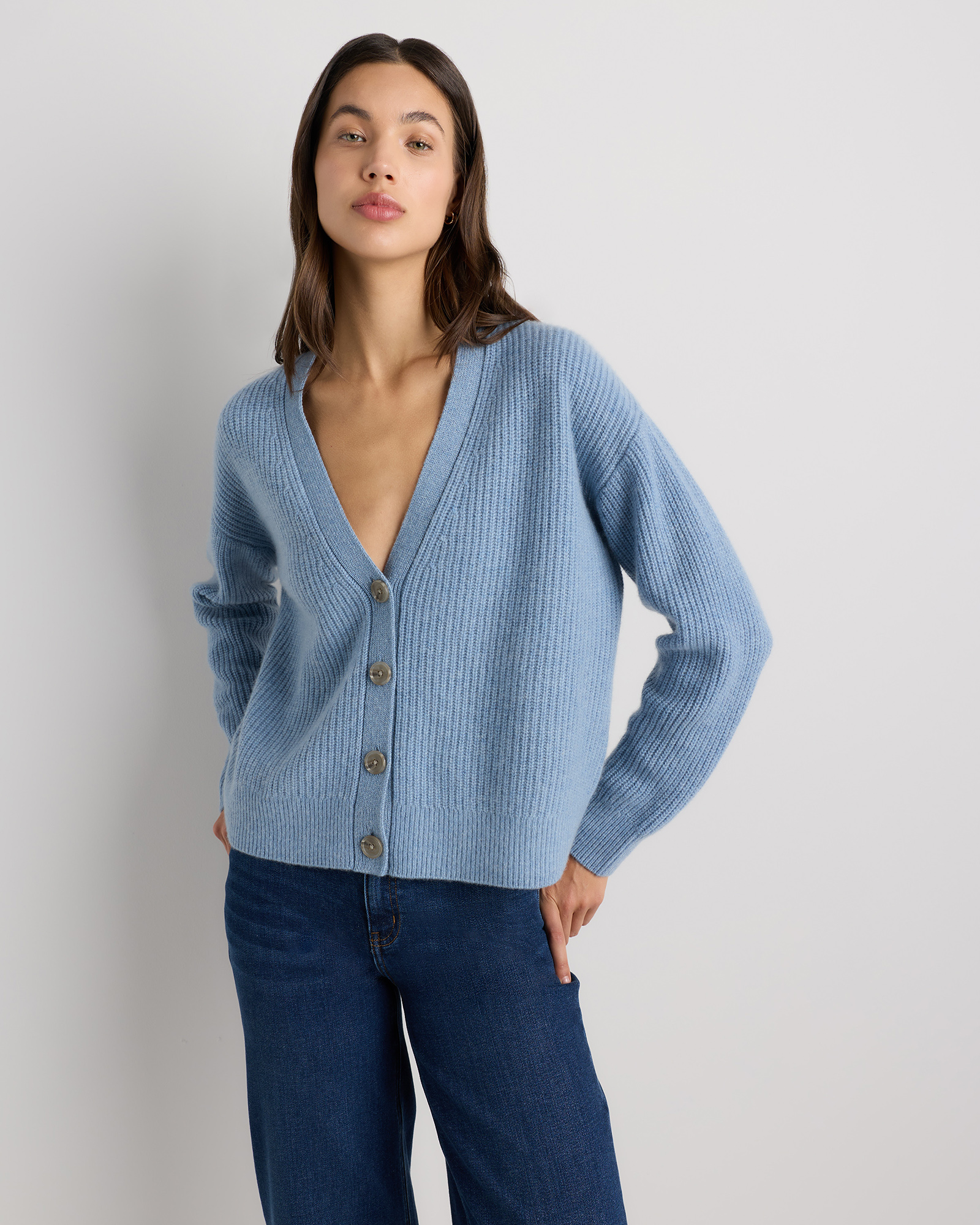 Faded Denim Mongolian Cashmere Fisherman Boxy Cropped Cardigan Sweater