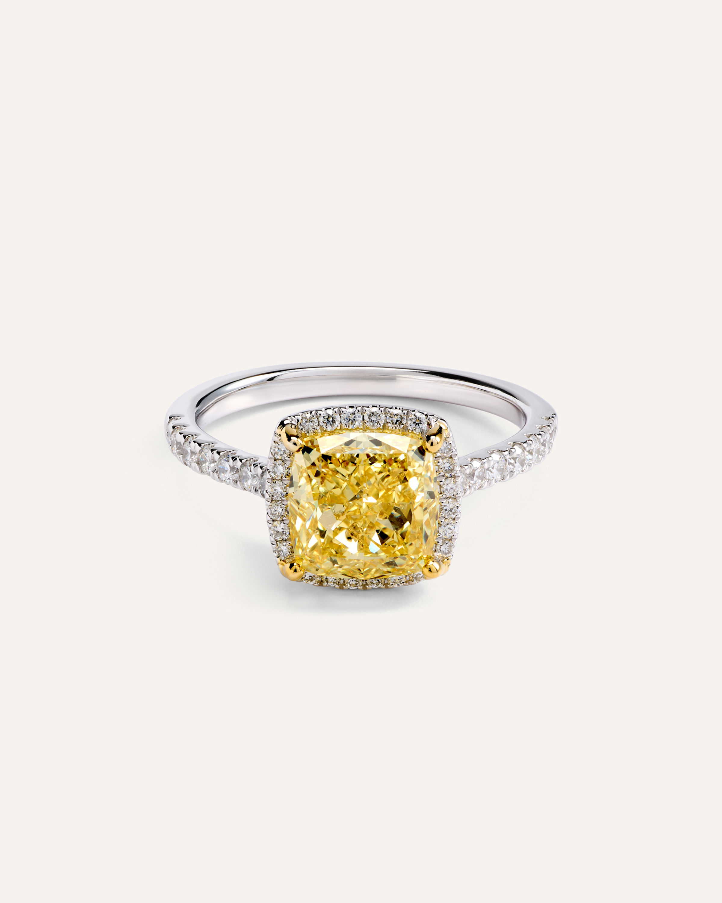 No Color 14K Gold Yellow Lab Grown Diamond Cushion Halo Engagement Ring - 3ct