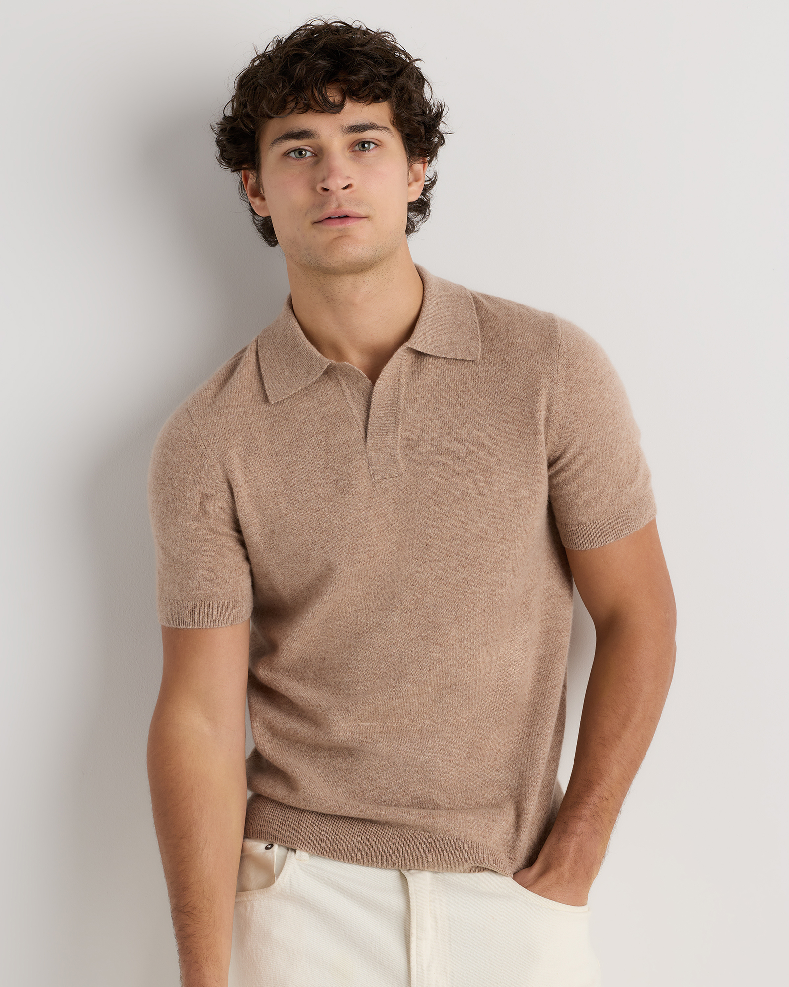 Oatmeal 100% Mongolian Cashmere Johnny Collar Polo
