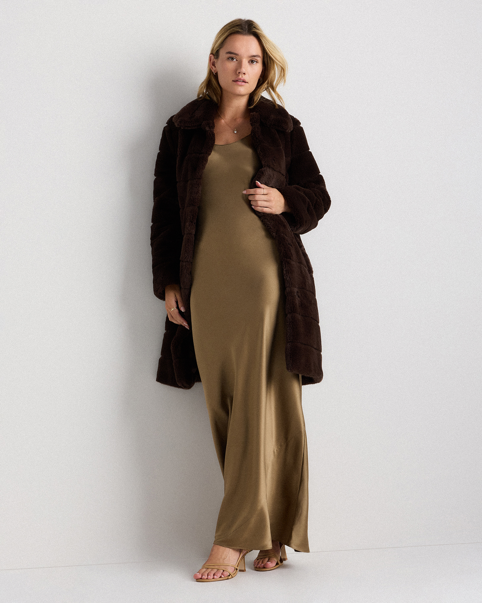 Women's Faux Fur Long Coat in Coffee Bean Brown, Size XS, Recycled Polyester by Quince