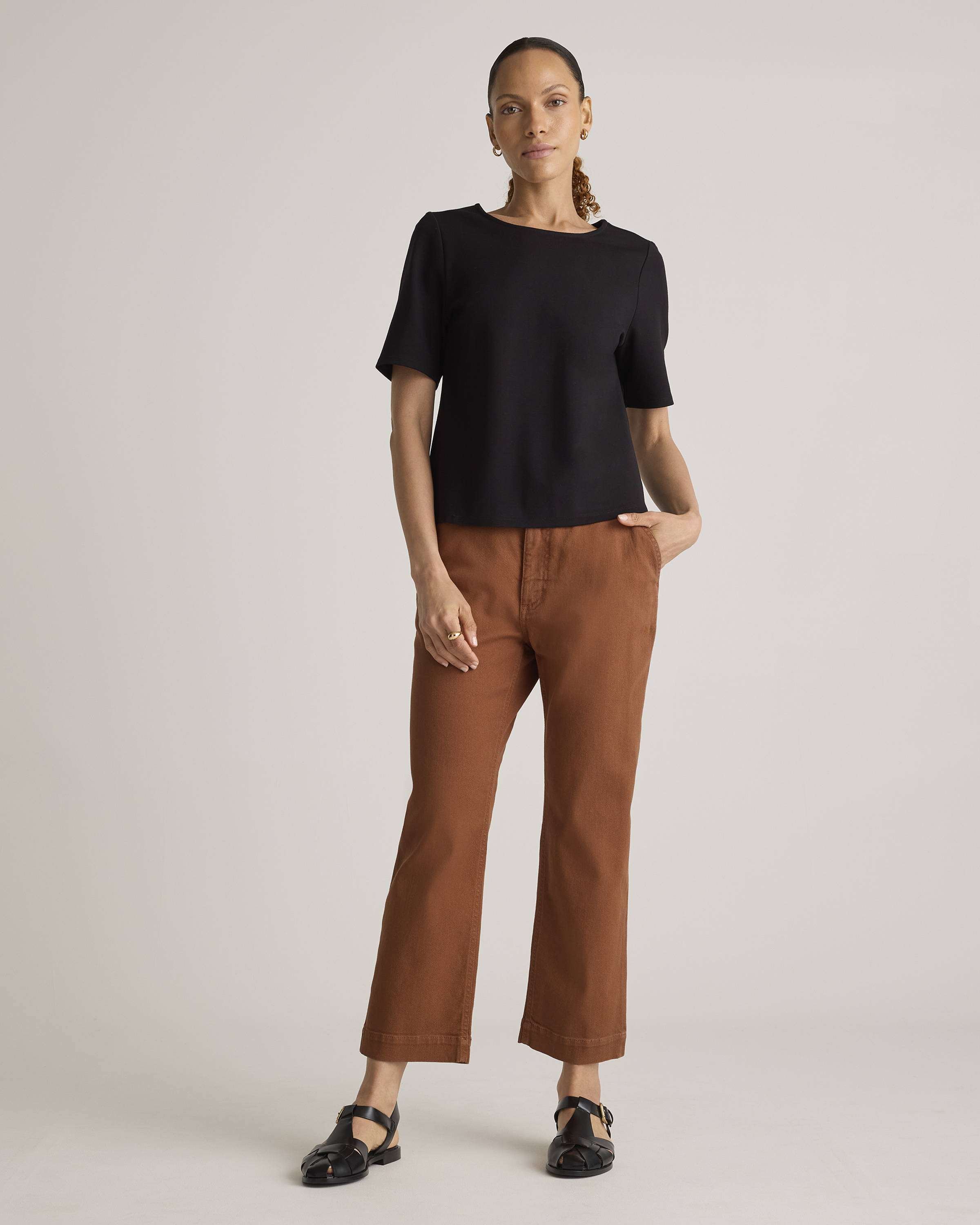 トップス no collar deep v neck ponte tops Ultra-Stretch Ponte Short Sleeve Top
