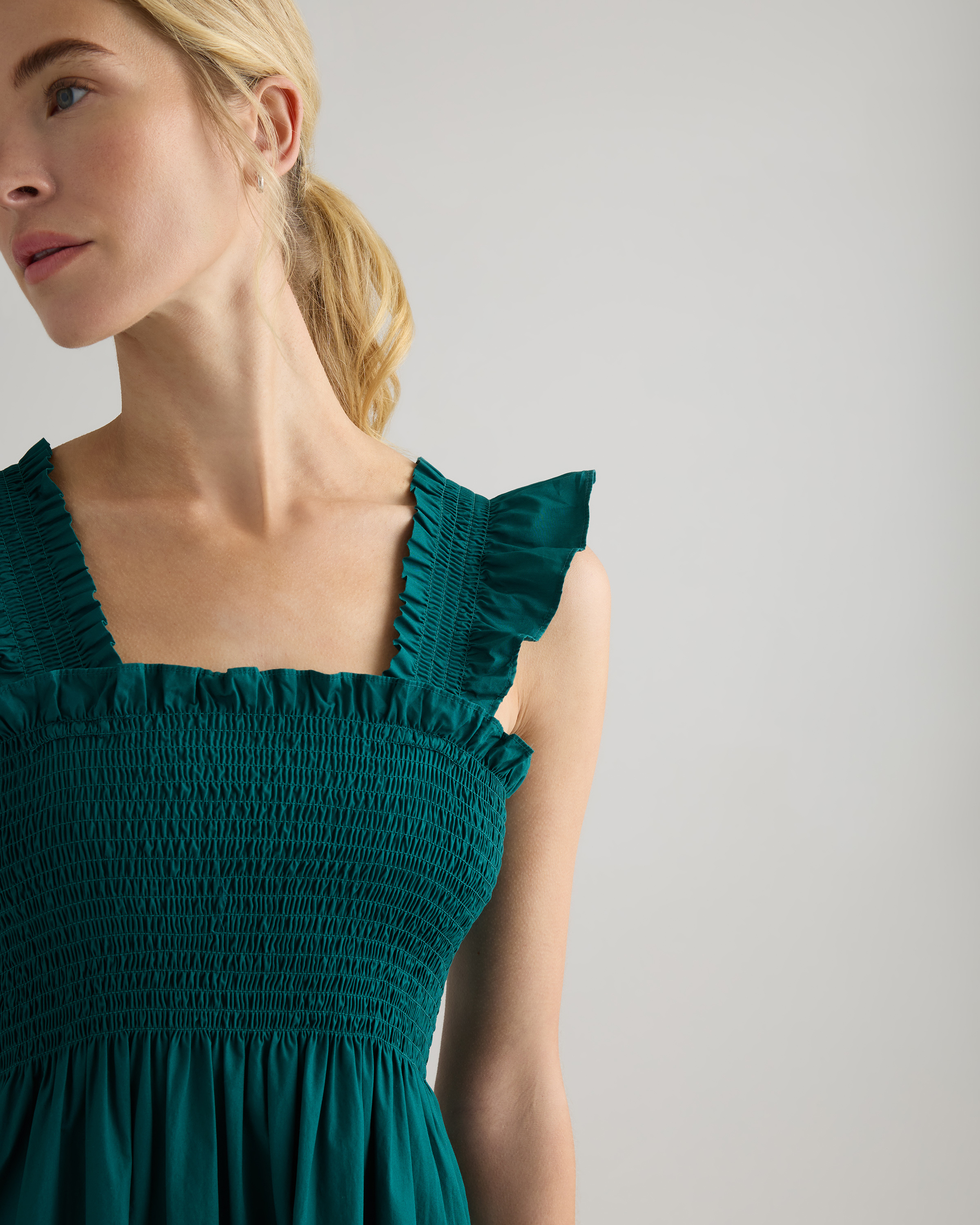 Quince Women's Organic Cotton Poplin Smocked Midi Dress, Garden Green, Size Large - Flirty, Breathable, A-Line Cut