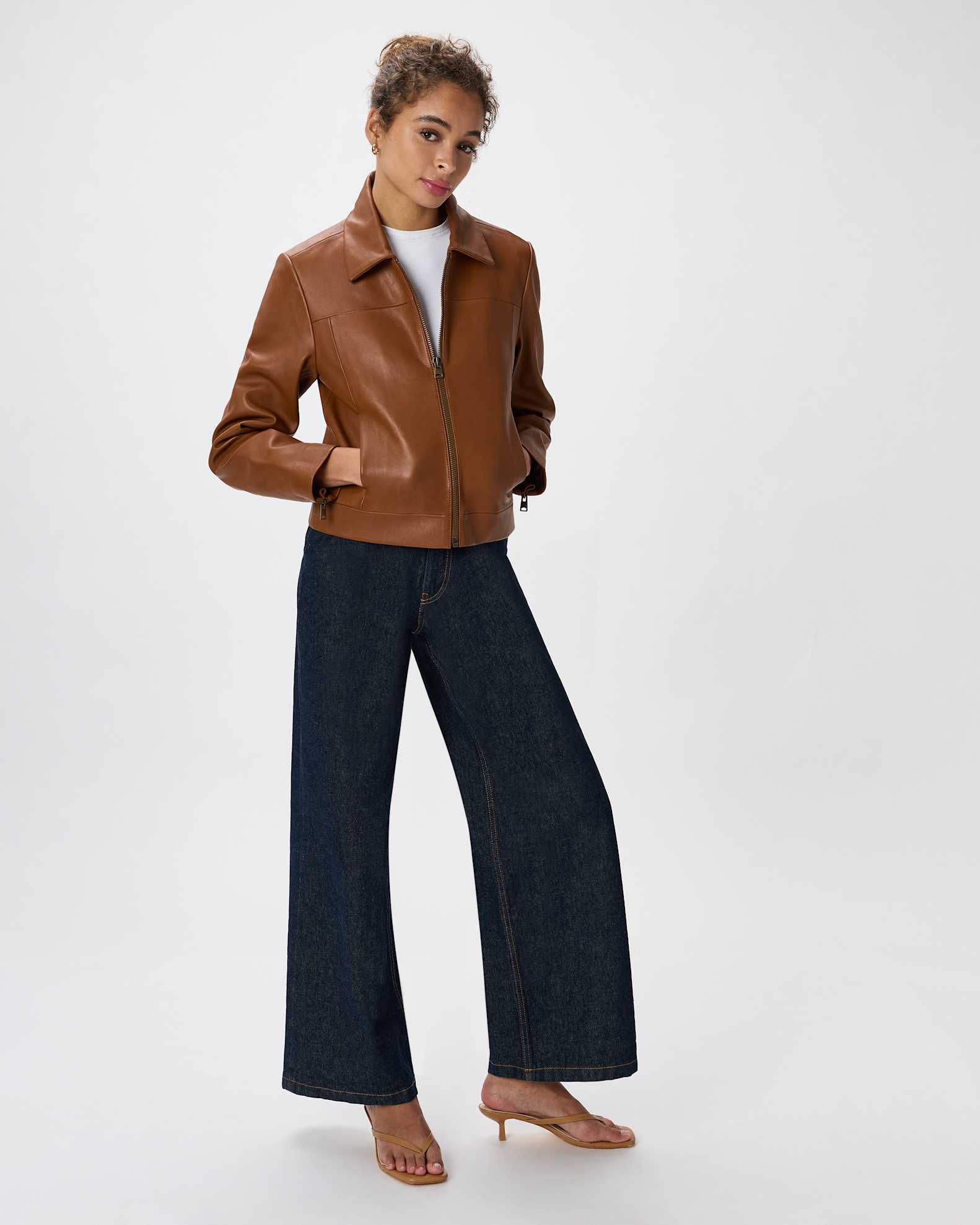 Women's Cropped Zip-Front Jacket in Dark Cognac Brown, Size Small, Leather by Quince Women's Cropped Zip-Front Jacket in Dark Cognac Brown, Size Small, Leather by Quince