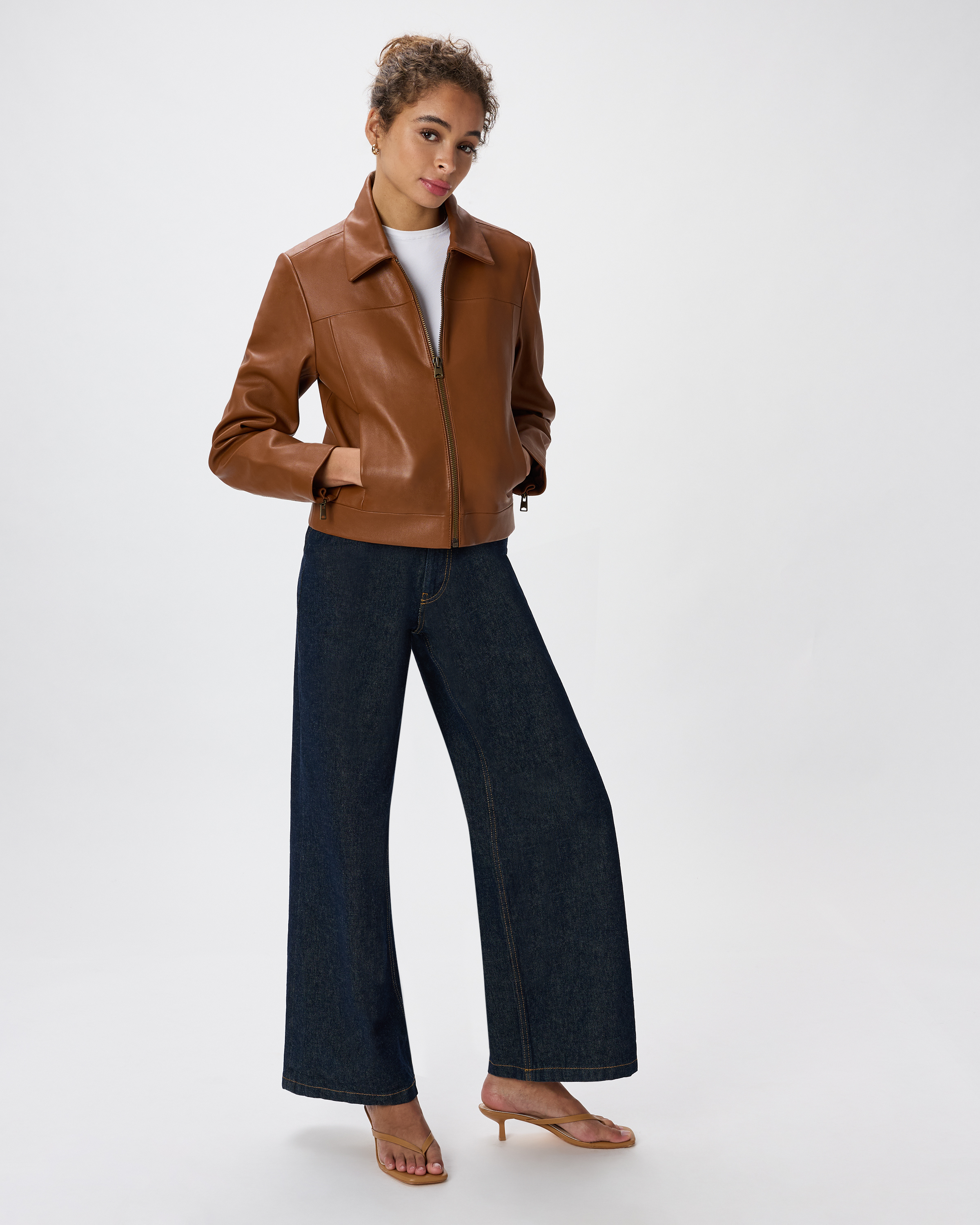 100% Leather Cropped Zip-Front Jacket in Dark Cognac Brown