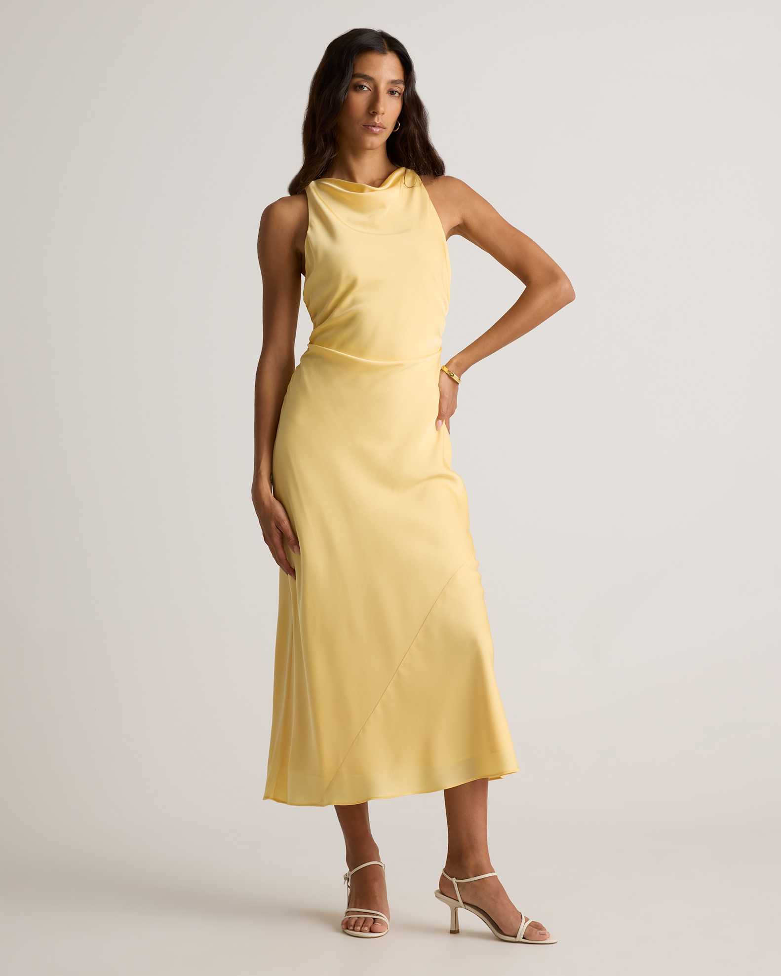 butter yellow silk dress Sydney Maxi Luxe satin finish Elegant strapless neckline Flattering maxi length Slip dress silhouette Perfect for bridesmaids Smooth polyester fabrication Size and Fit Size S / 8 length Sunny Satin Mini Dress in