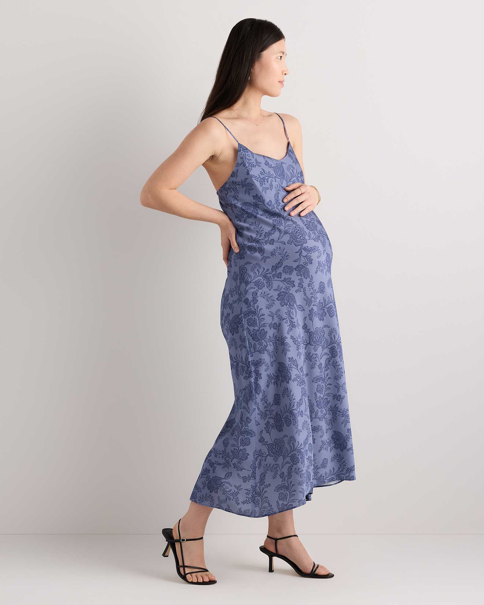 Women's Washable Stretch Silk Maternity Slip Dress in Moonstone Blue Heirloom Floral, Size XS by Quince Women's Washable Stretch Silk Maternity Slip Dress in Moonstone Blue Heirloom Floral, Size XS by Quince