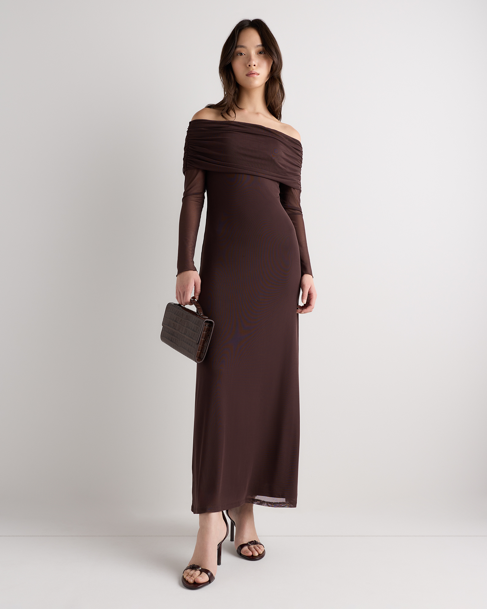 knitted off the shoulder maxi dress Mesh Knit in Chocolate Plum Brown search-enabled