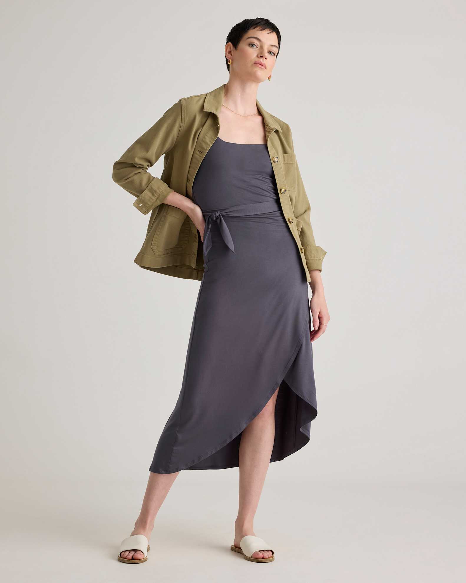 Tencel Jersey Side Tie Dress in Carbon Grey Tencel Jersey Side Tie Dress in Carbon Grey