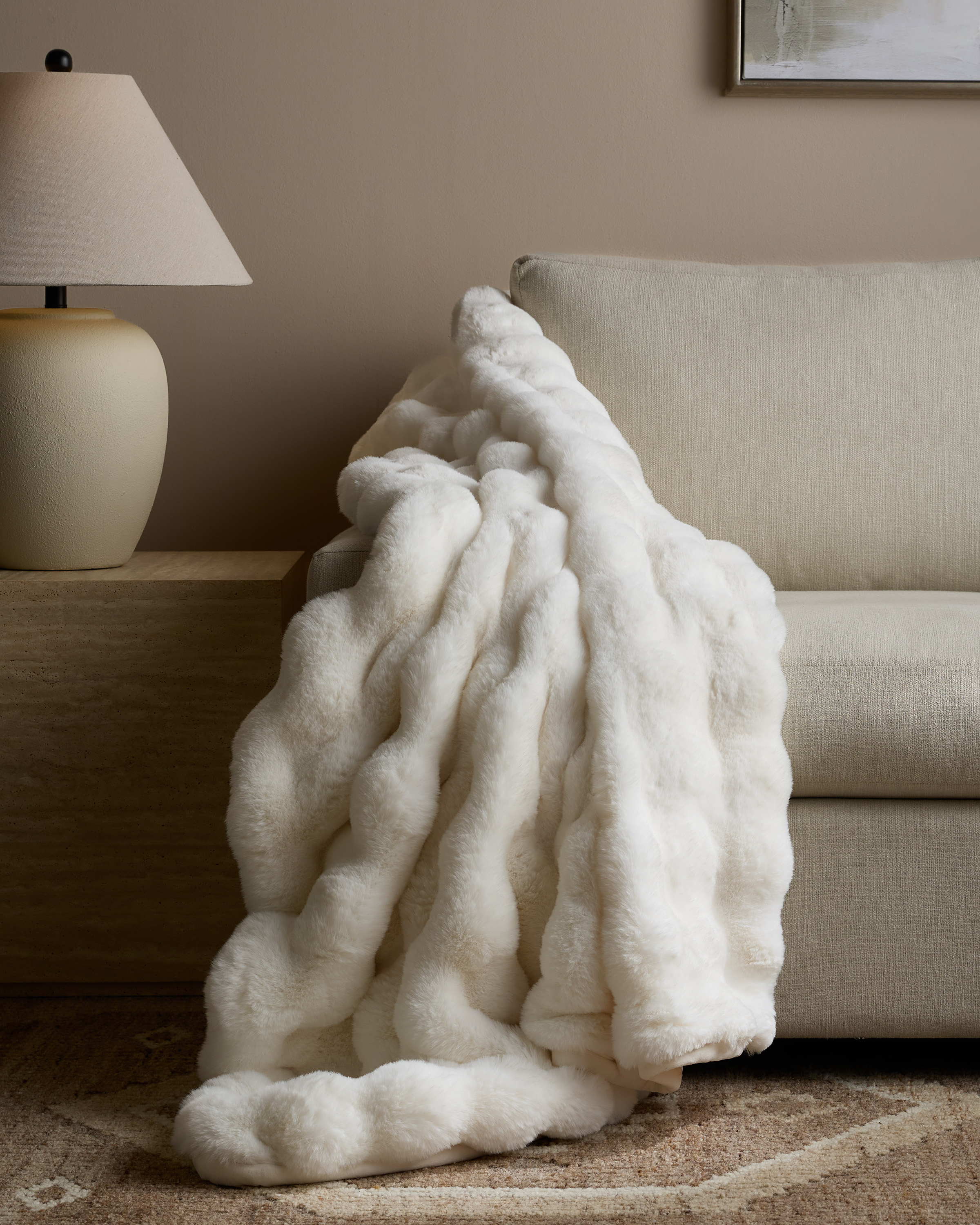 Ivory Ruched Faux Fur Throw