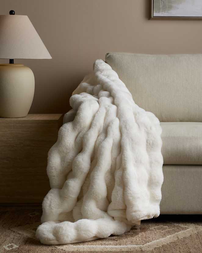 Ivory Ruched Faux Fur Throw