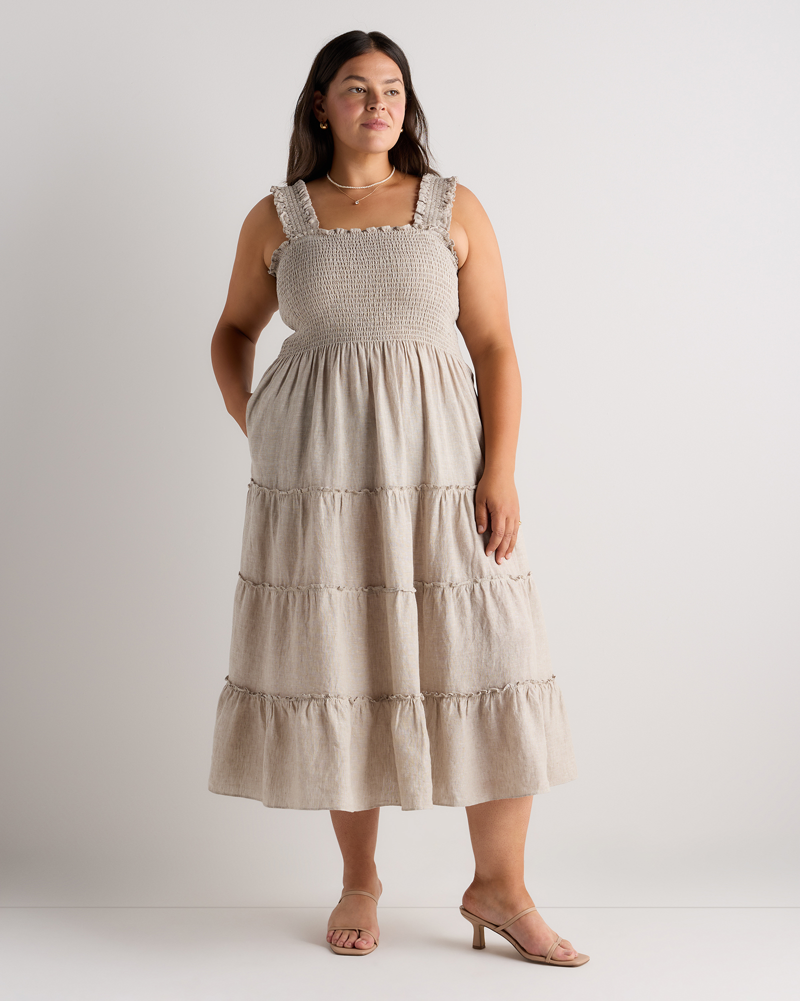 Flax Robe midi 100 % lin européen à smocks pour femmes tailles plus