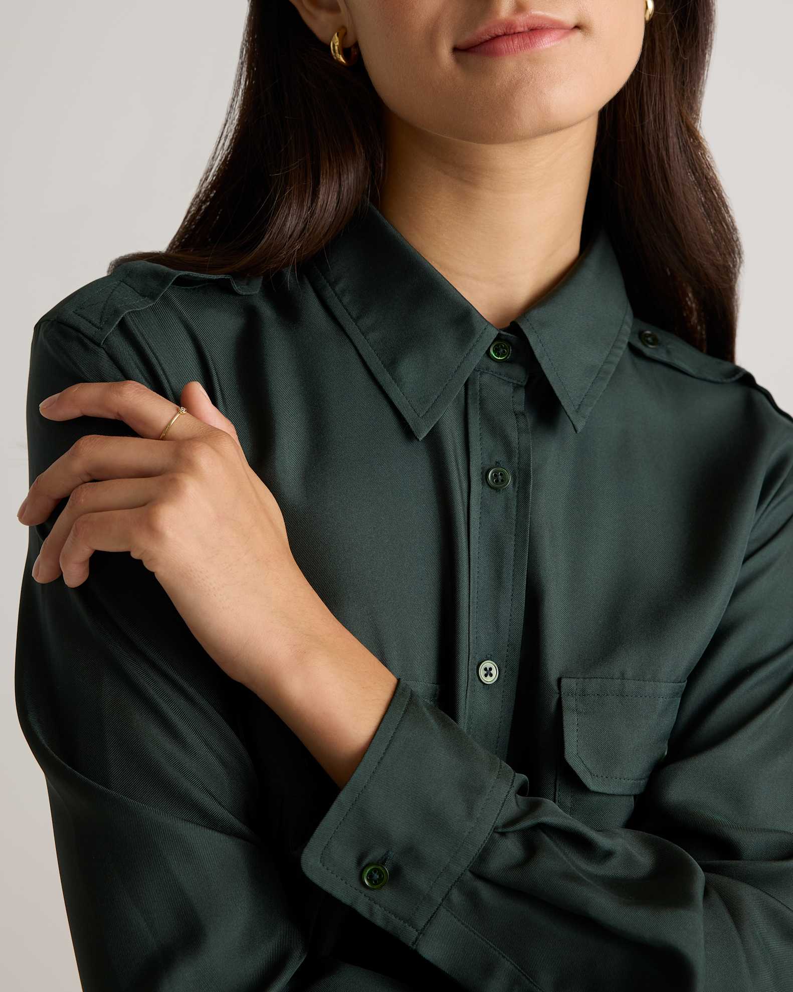 100% Silk Twill Utility Shirt Dress in Forest Green 100% Silk Twill Utility Shirt Dress in Forest Green