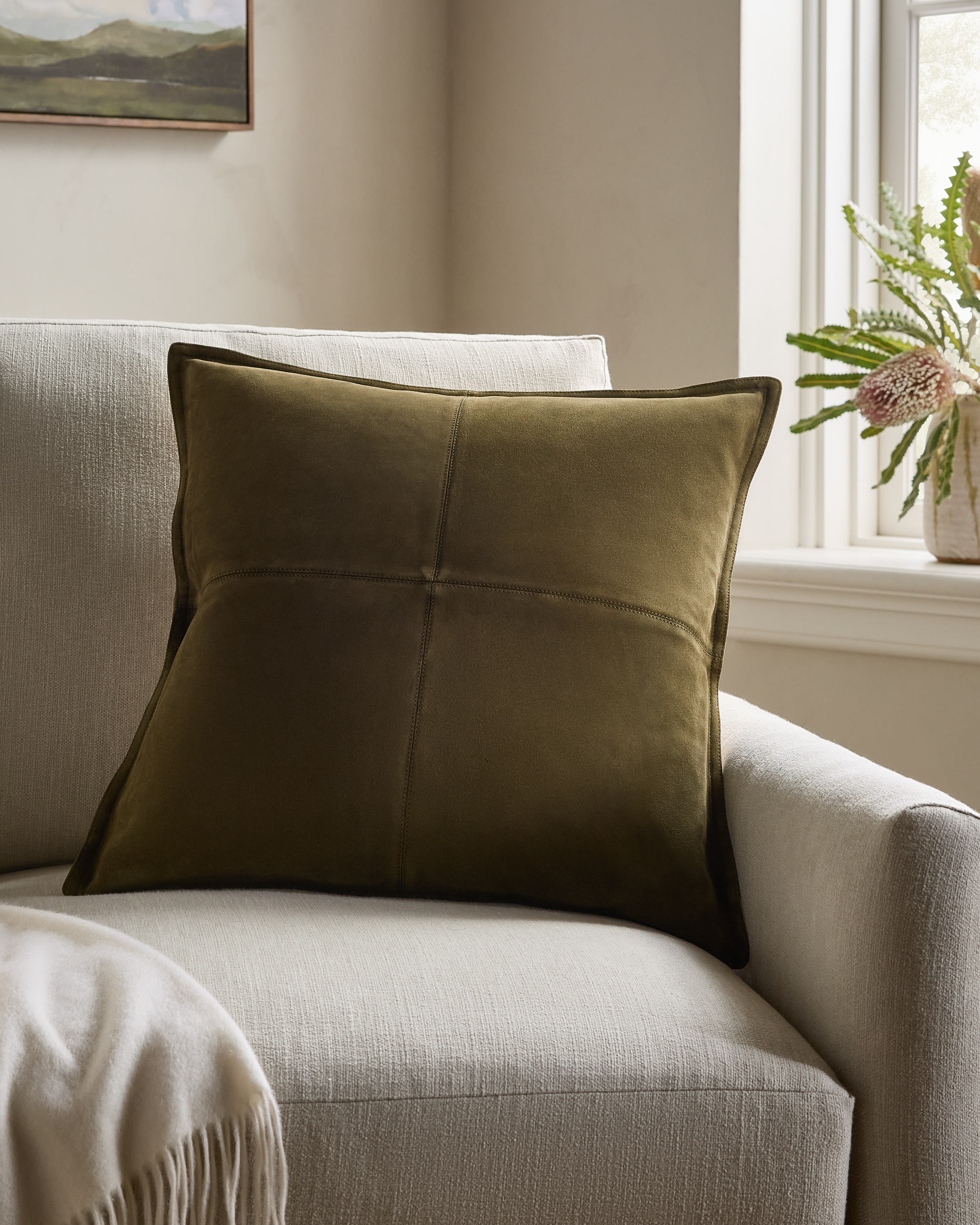 Olive Pieced Suede Pillow Cover