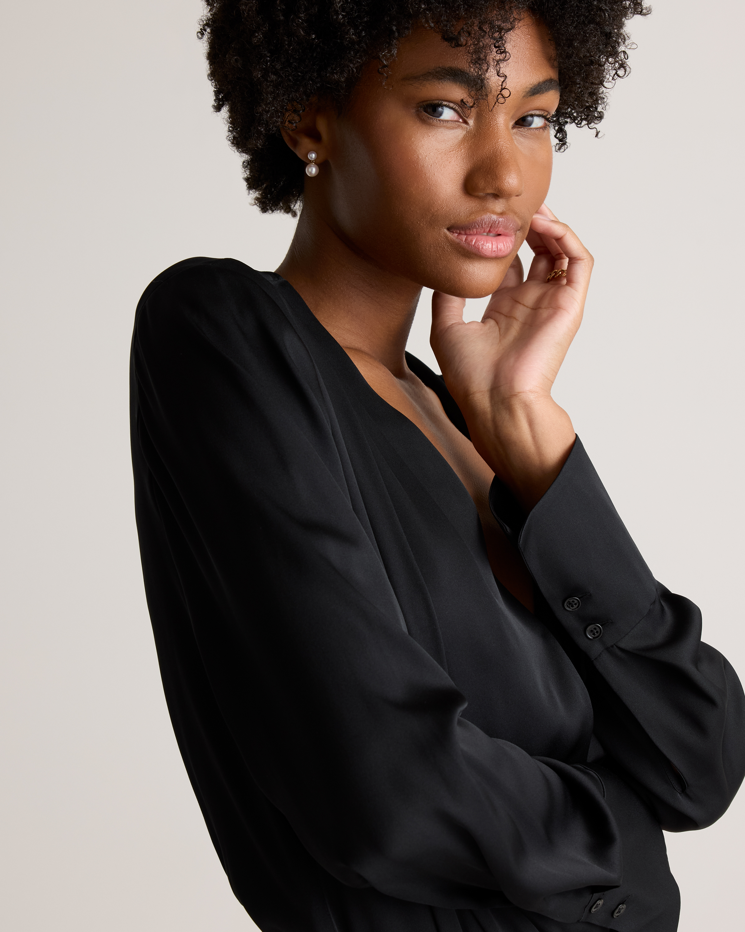 Washable Stretch Silk Surplice Bodysuit in Black