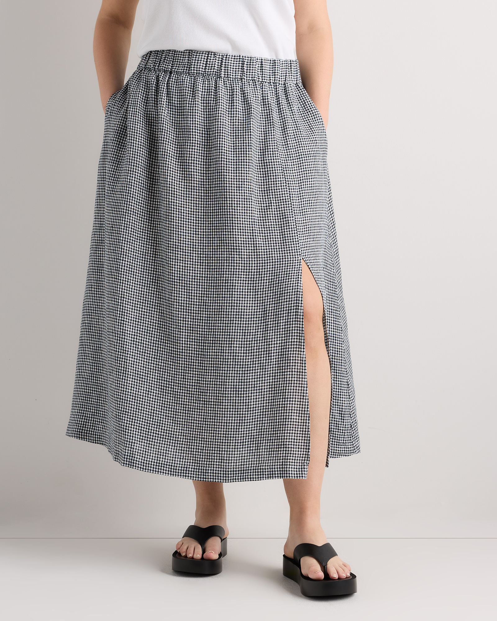 Classic Mini Gingham Women's Plus Size 100% European Linen Maxi Skirt
