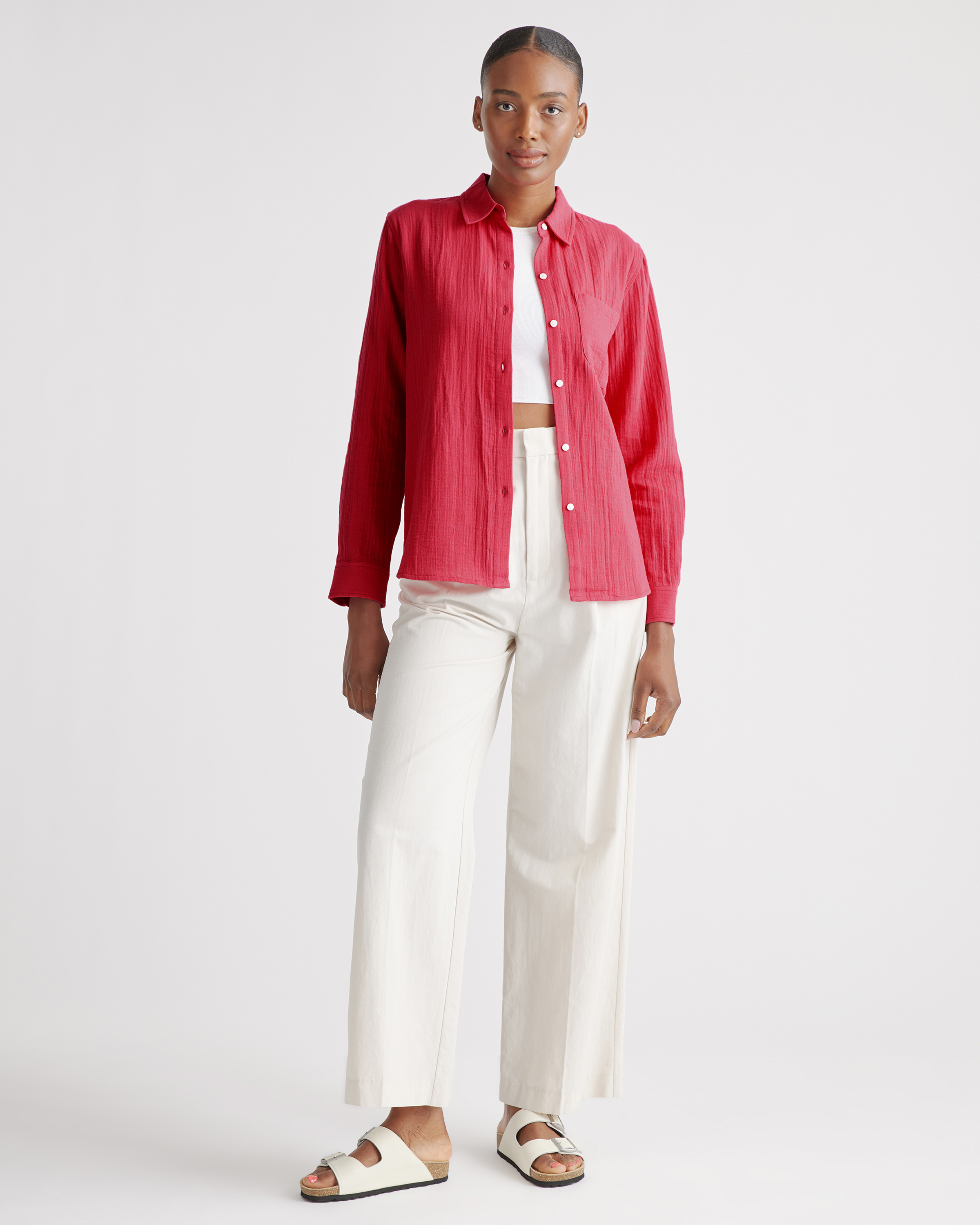 Women's Gauze Long Sleeve Shirt in Hot Pink, Size XS, Organic Cotton by Quince