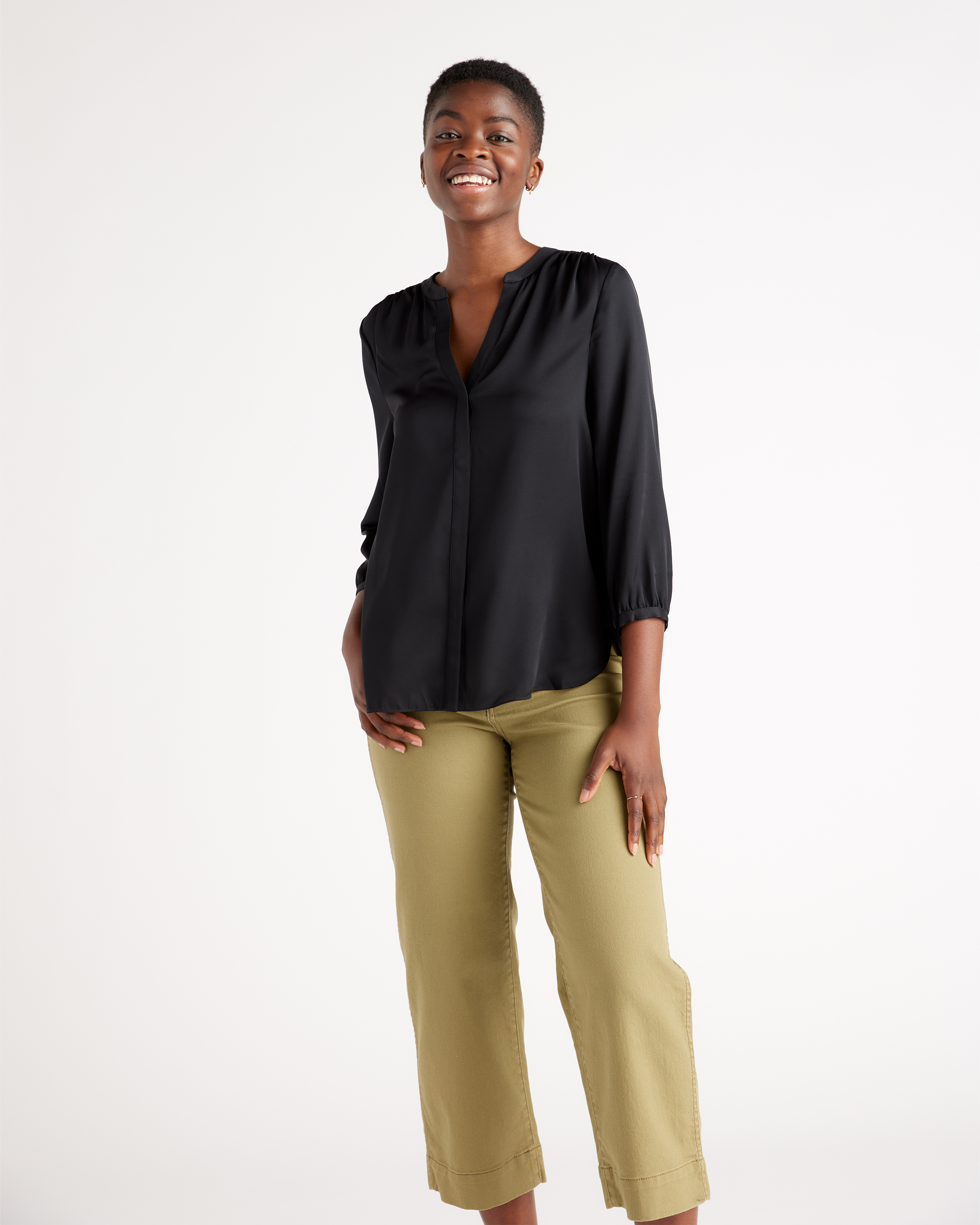 Black Washable Stretch Silk Pleat Back Blouse