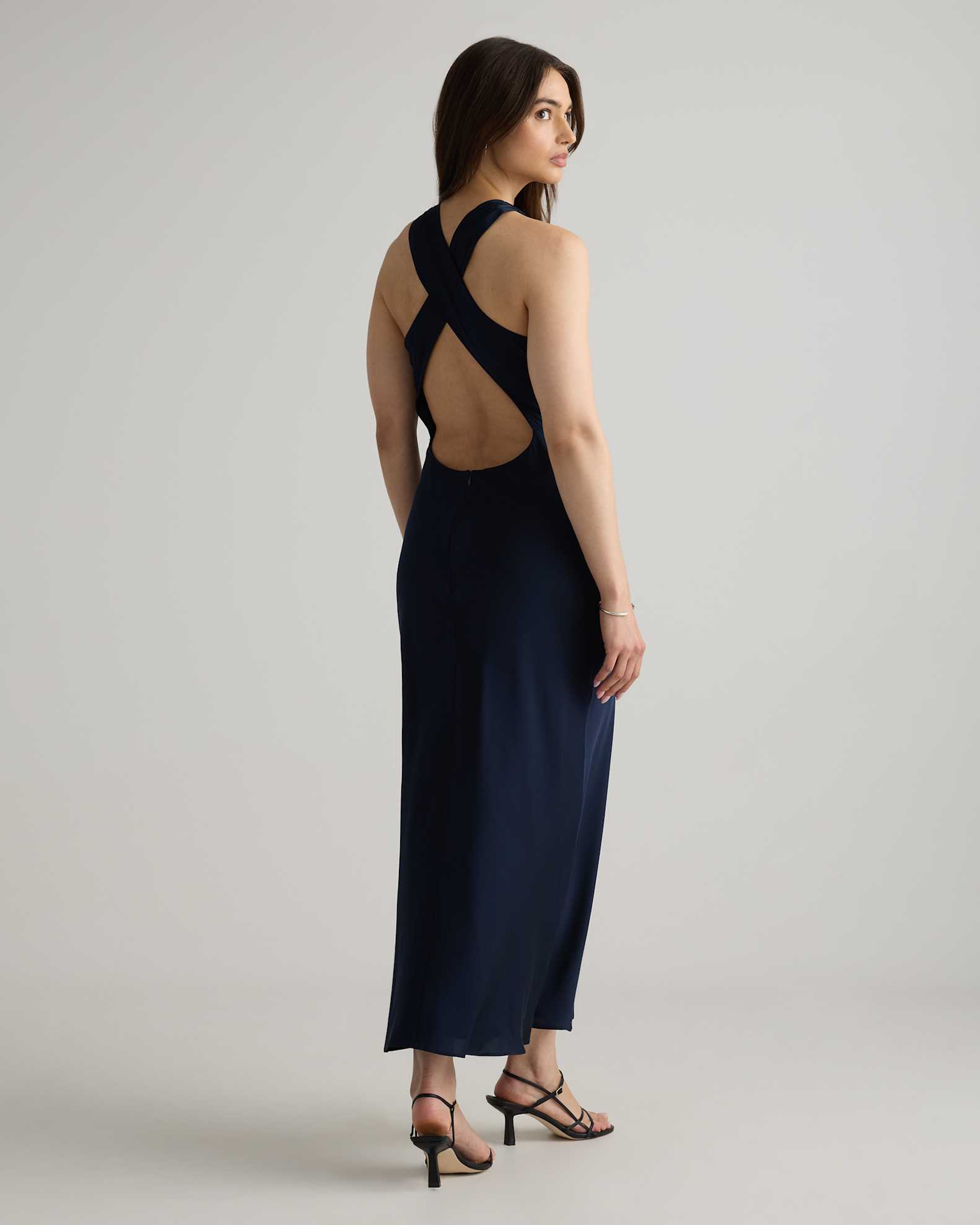 Washable Stretch Silk High Neck Midi Dress in Navy Washable Stretch Silk High Neck Midi Dress in Navy