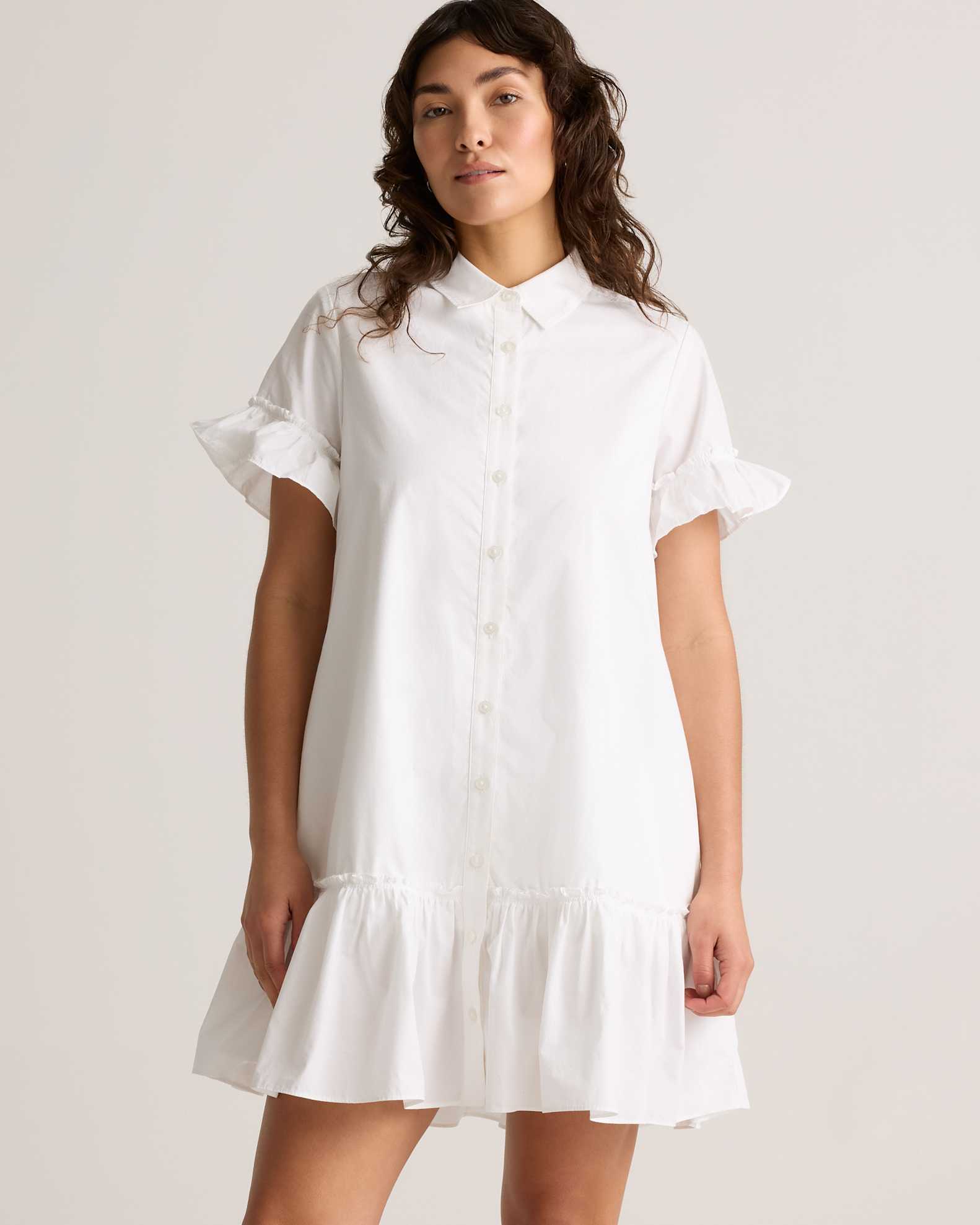 Women's Poplin Short Sleeve Ruffle Shirt Dress in Classic White, Size Medium, Organic Cotton by Quince Women's Poplin Short Sleeve Ruffle Shirt Dress in Classic White, Size Medium, Organic Cotton by Quince