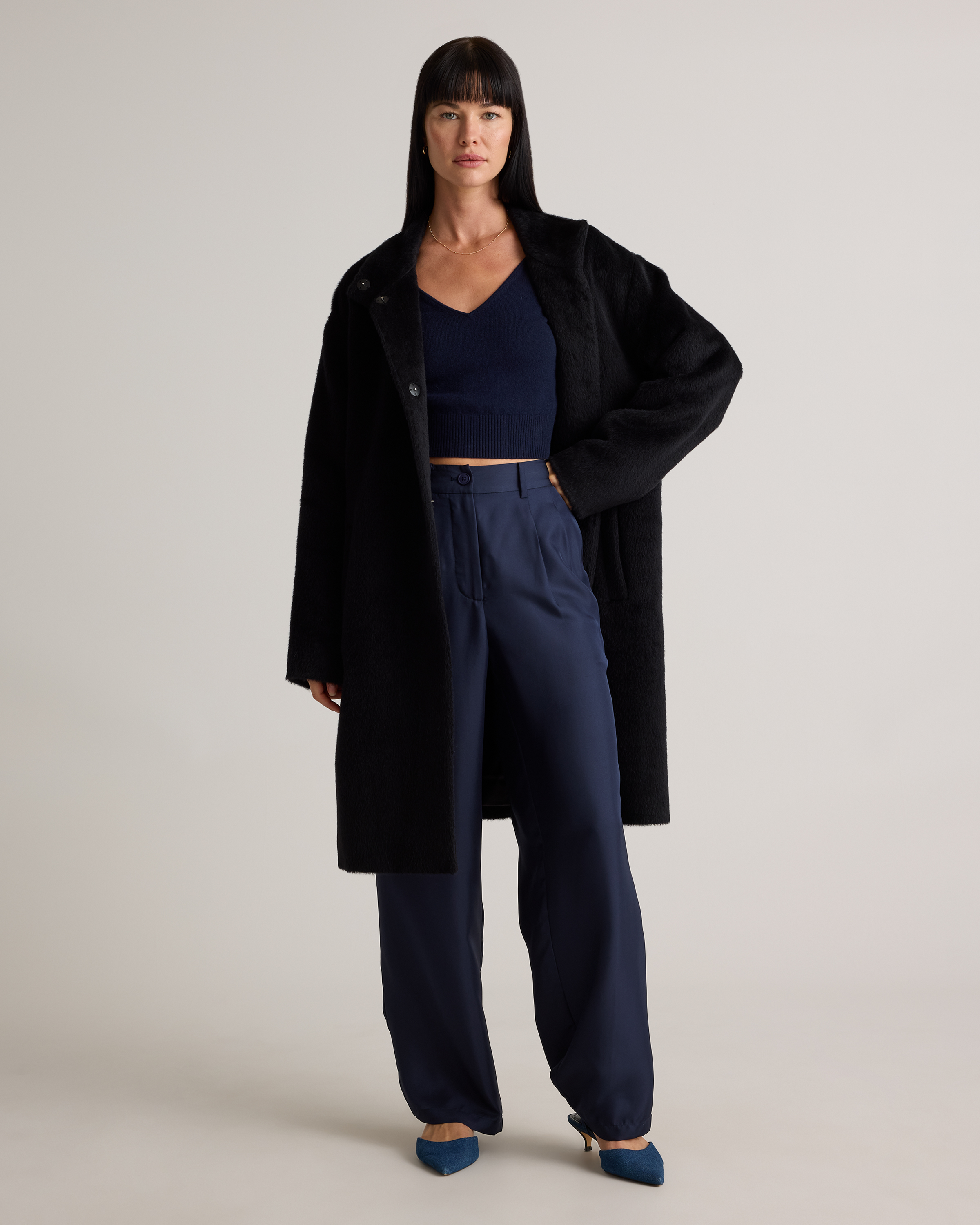 Alpaca-Wool Stand Collar Coat in Black