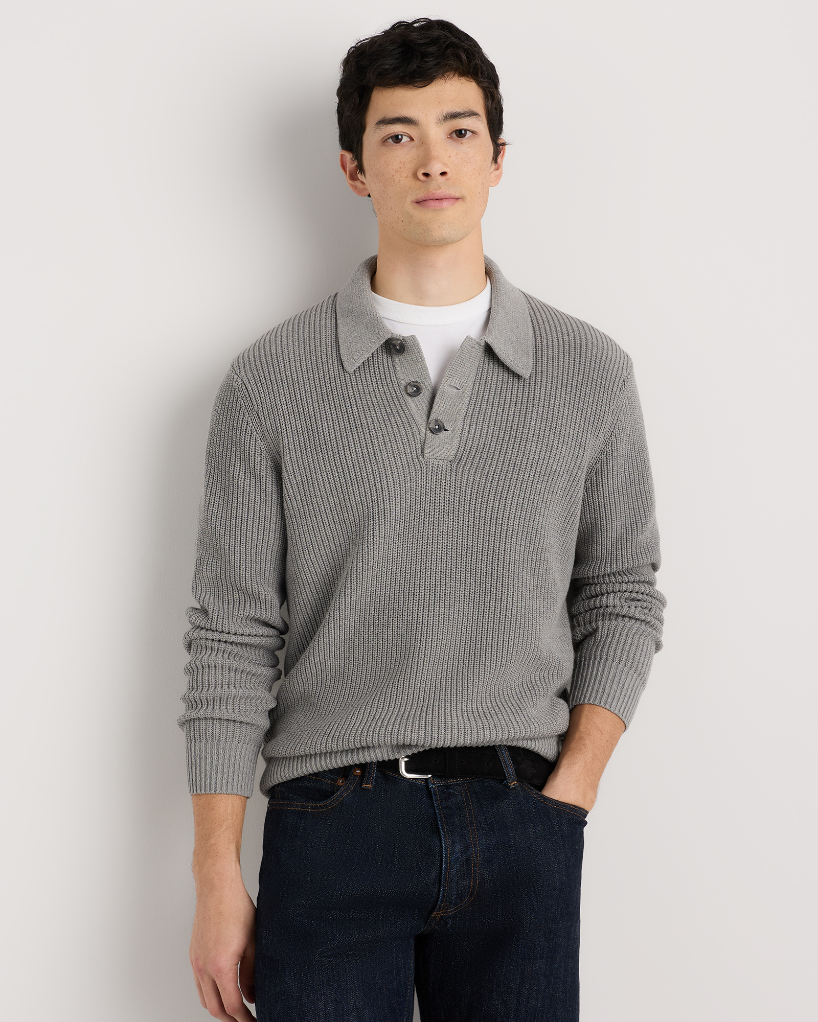 Mid Heather Grey 100% Organic Cotton Ribbed Polo Sweater