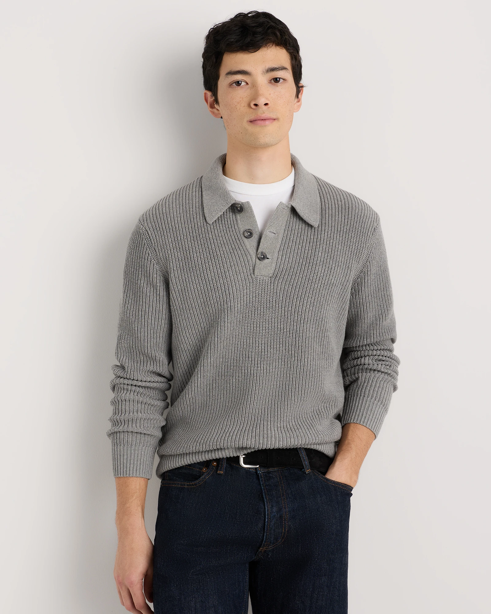 Men's 100% Organic Cotton Ribbed Polo Sweater in Speckled Beige