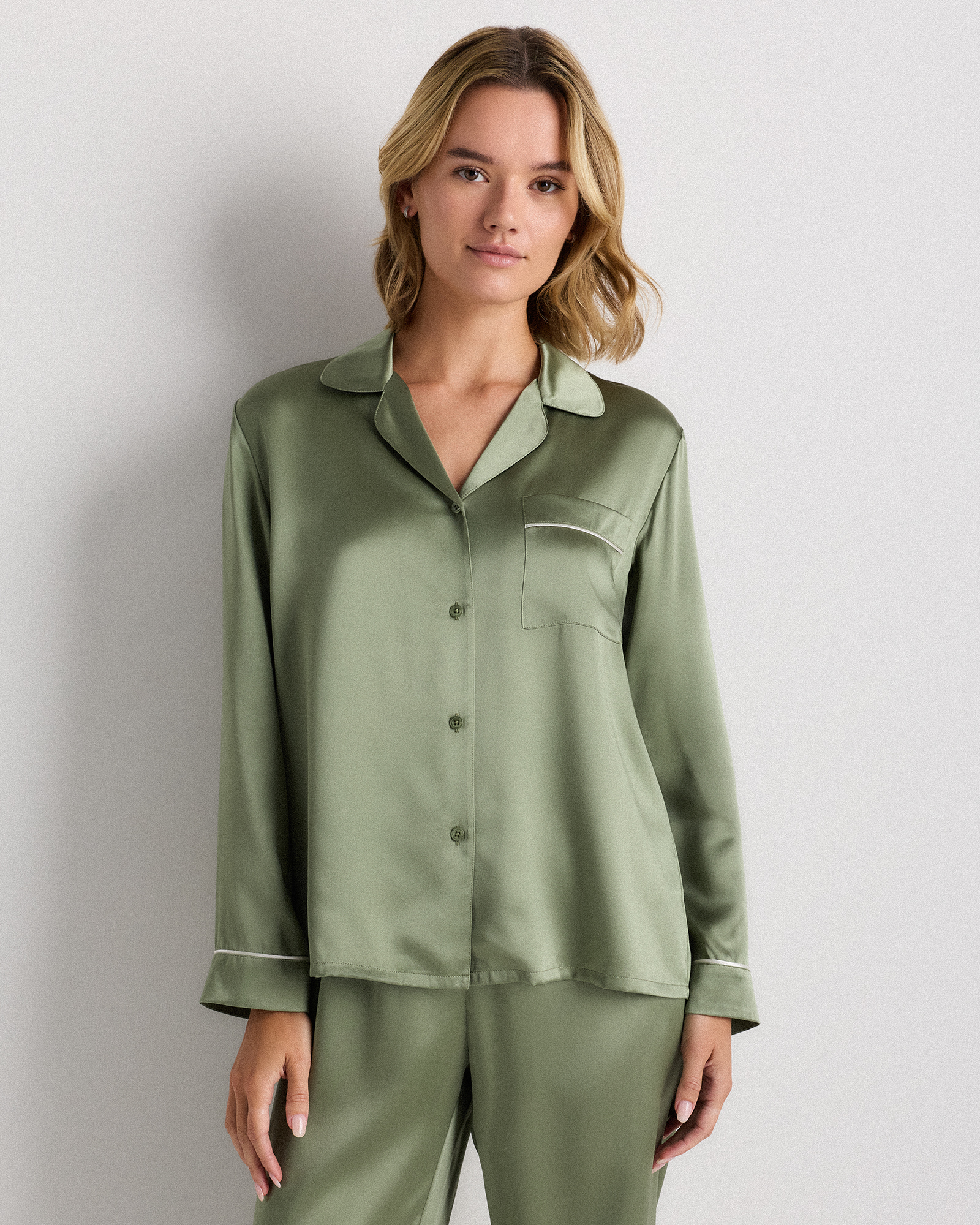 Moss Green 100% Washable Silk Satin Pajama Long Sleeve Top