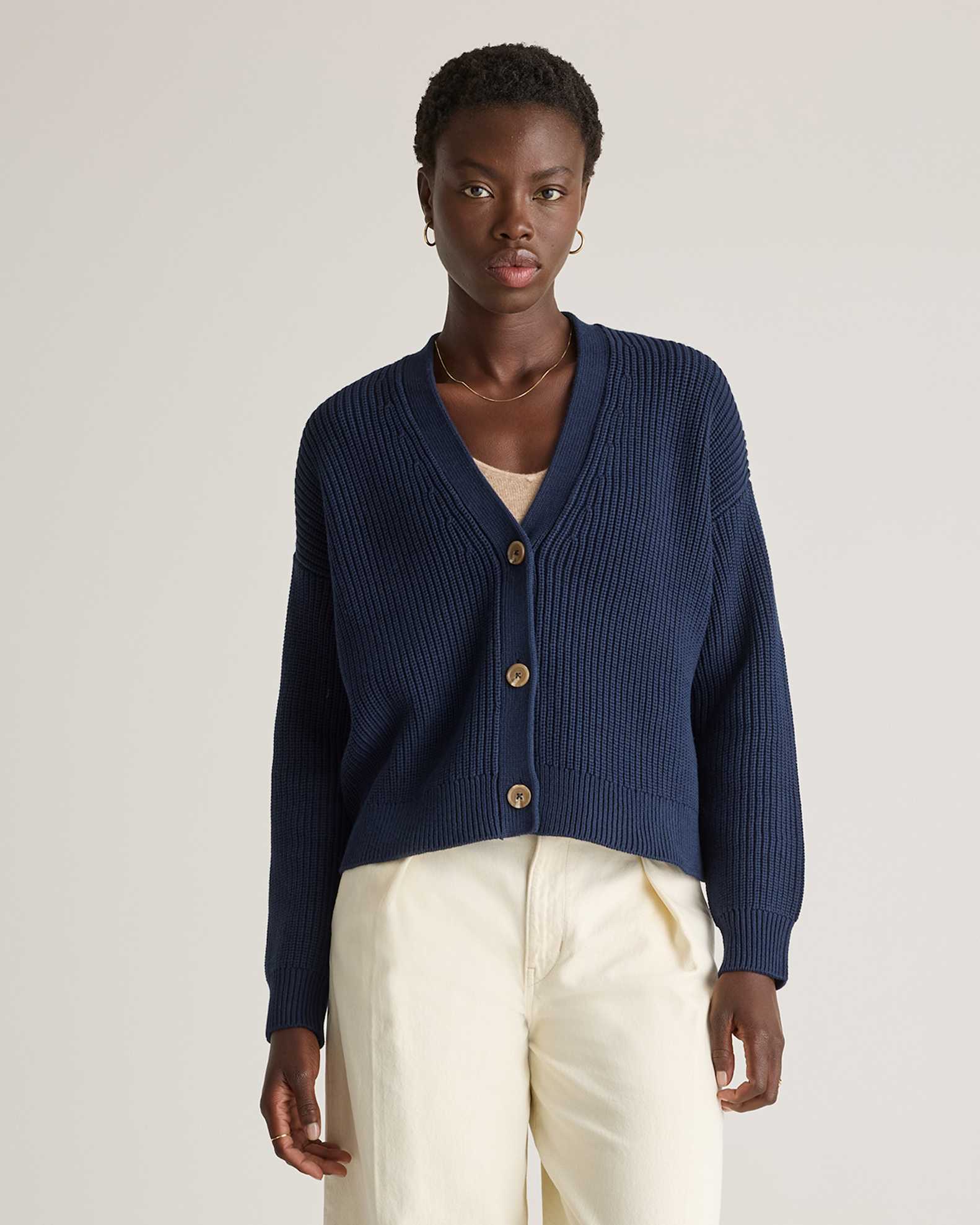 100% Organic Cotton Fisherman Boxy Cropped Cardigan in Navy