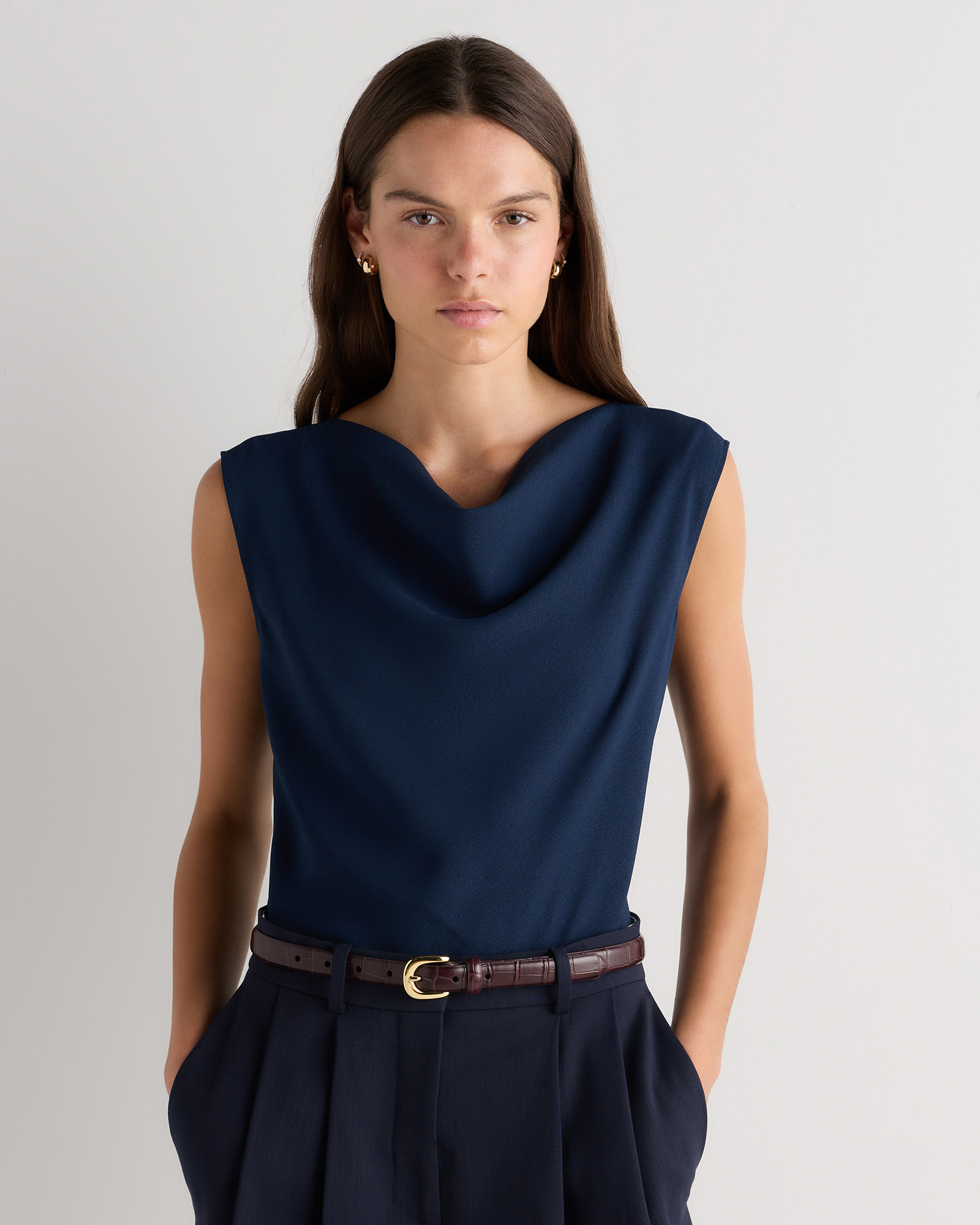 Riviera Navy Draped Matte Cowl Neck Tank