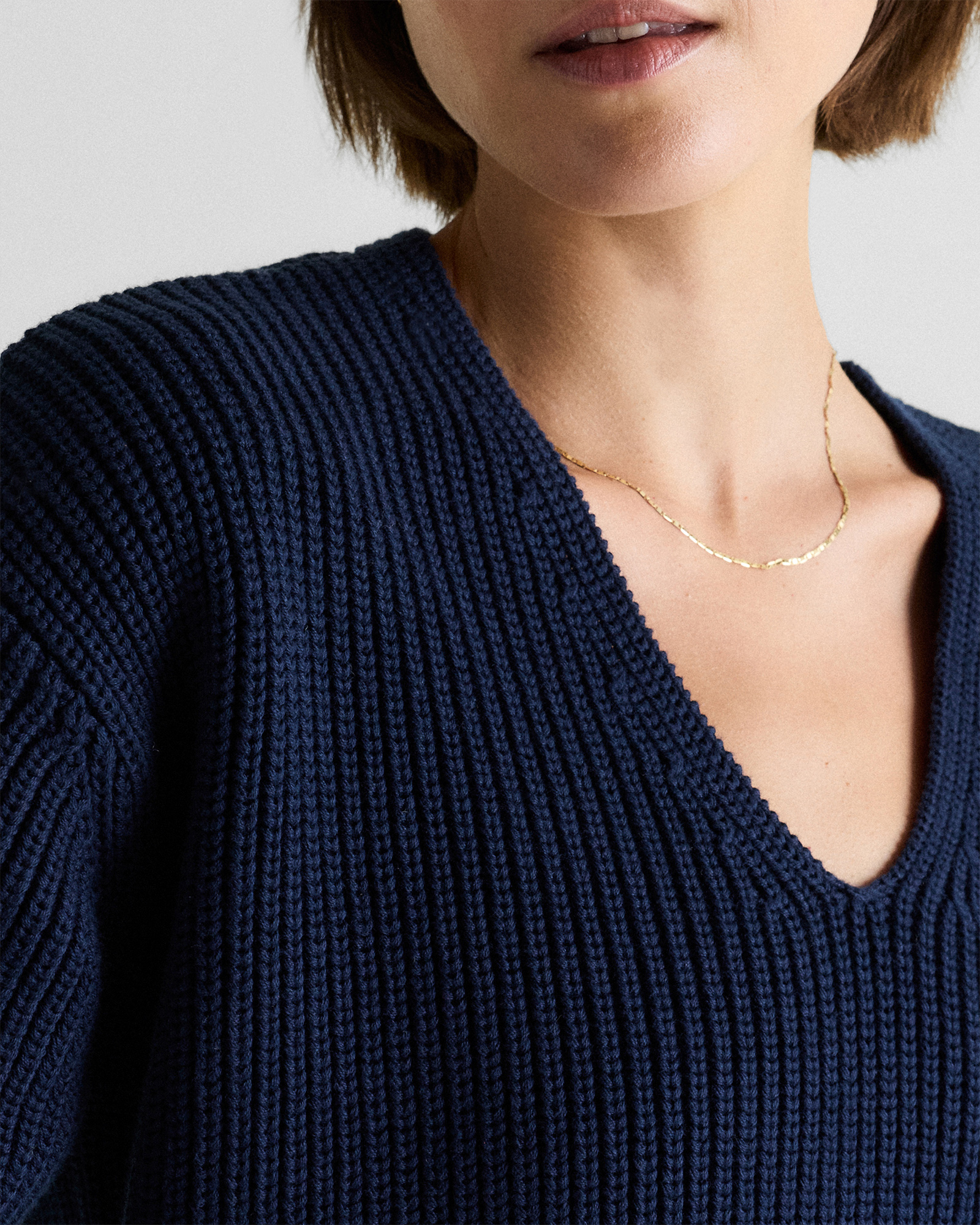 100% Organic Cotton Fisherman V-Neck Sweater in Navy