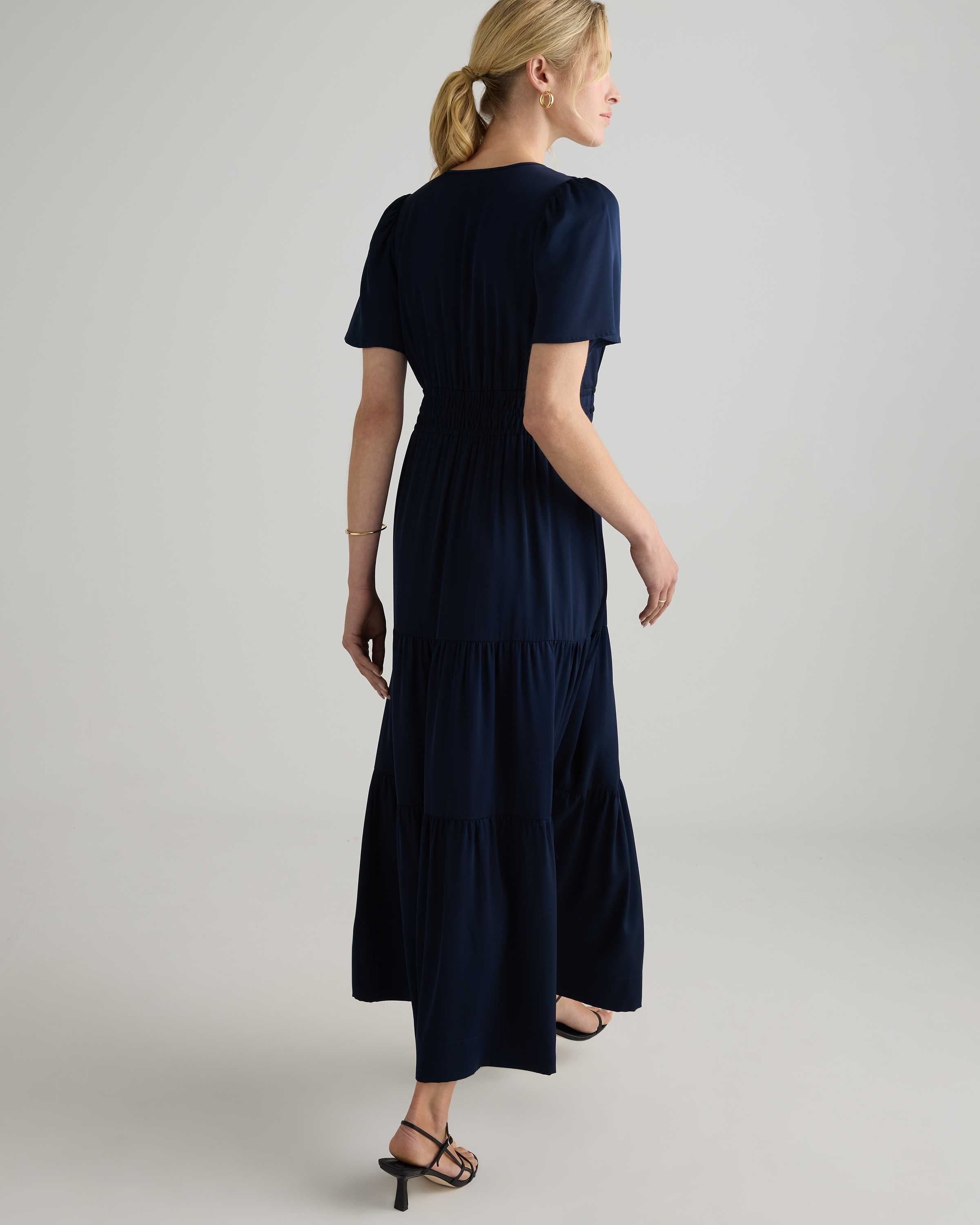 Washable Stretch Silk High Neck Midi Dress