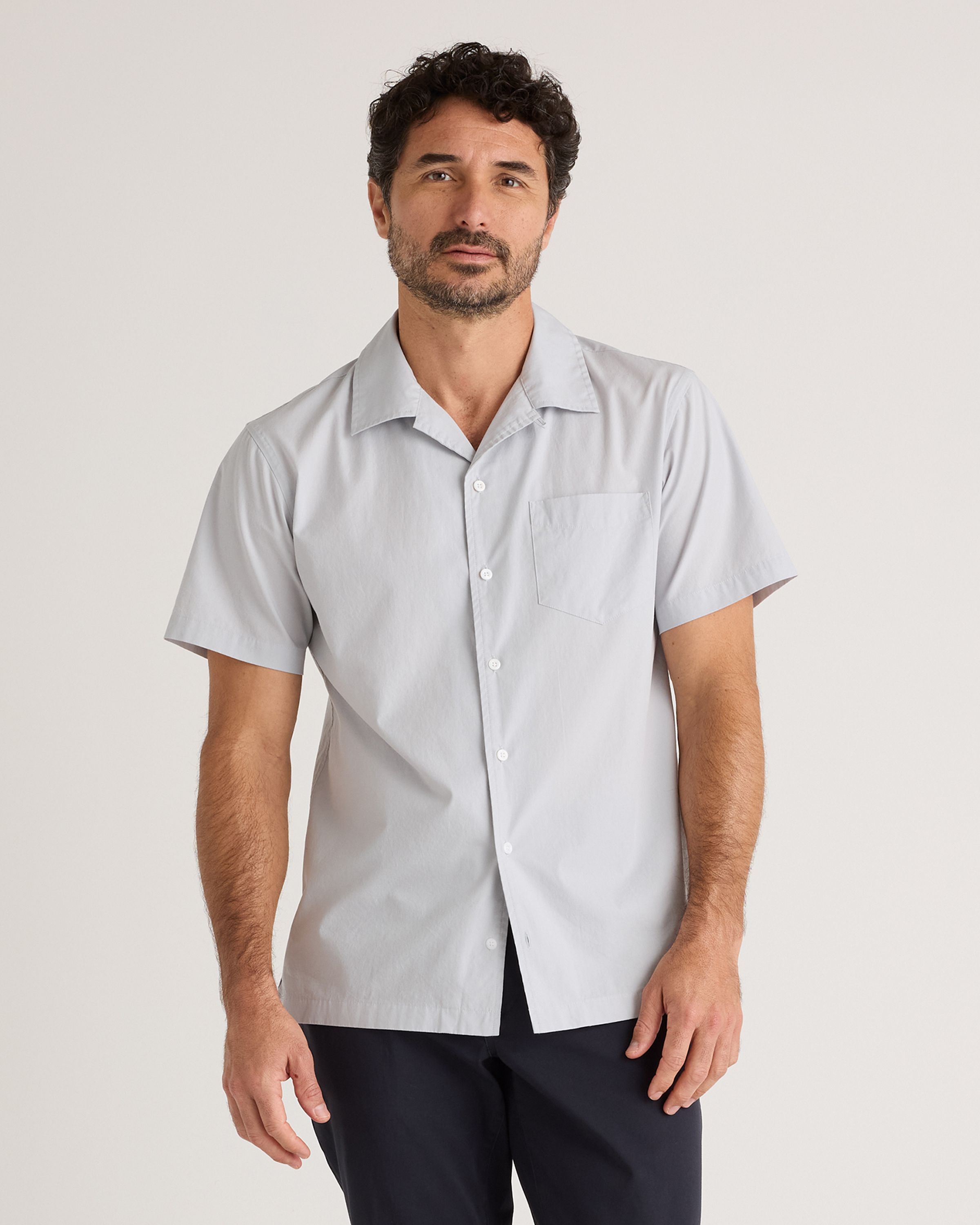 Light Grey Organic Cotton Stretch Poplin Camp Shirt
