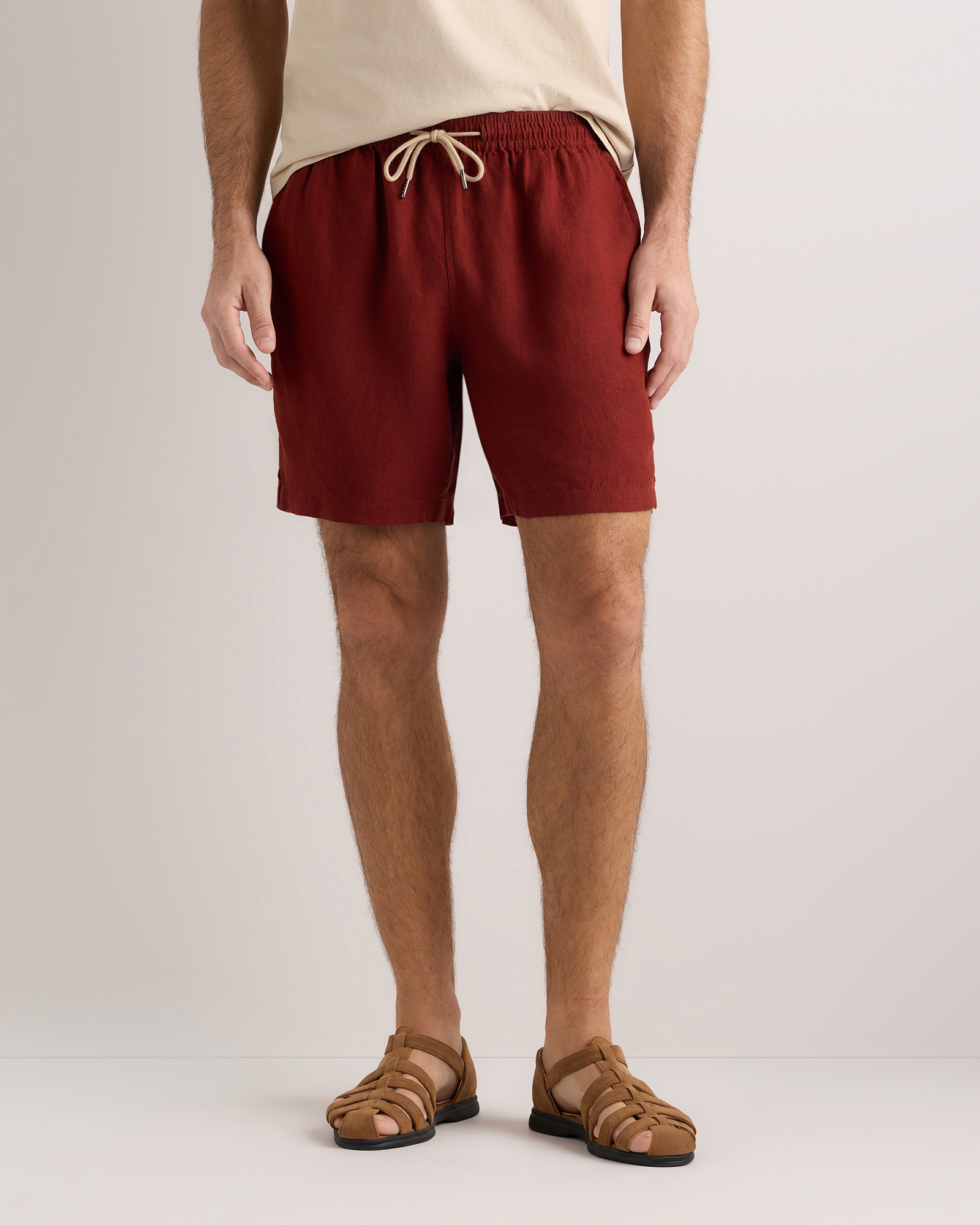 Brick 100% European Linen Drawstring Beach Shorts - 7"